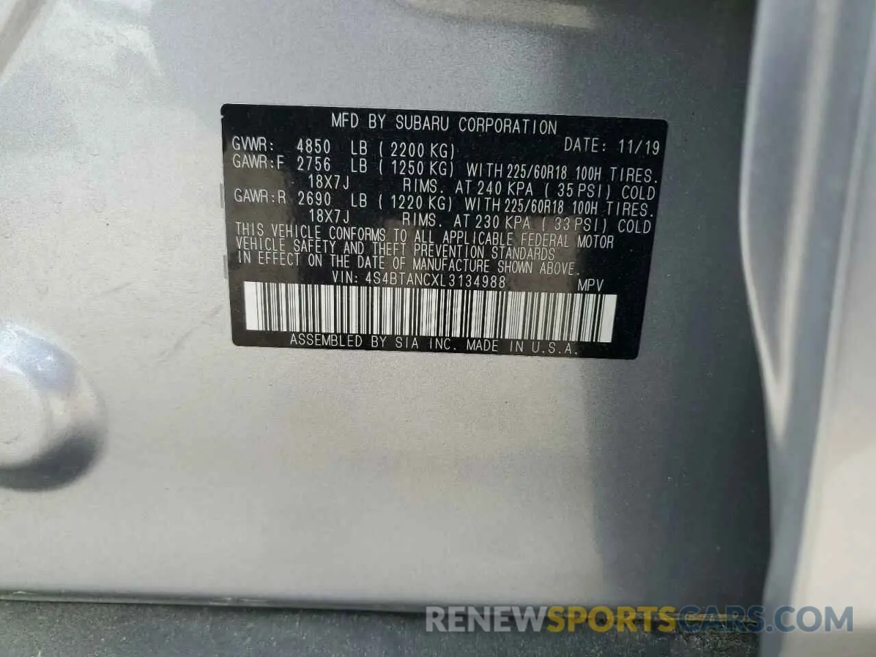 12 fotografías del automóvil dañado 4S4BTANCXL3134988 SUBARU OUTBACK 2020