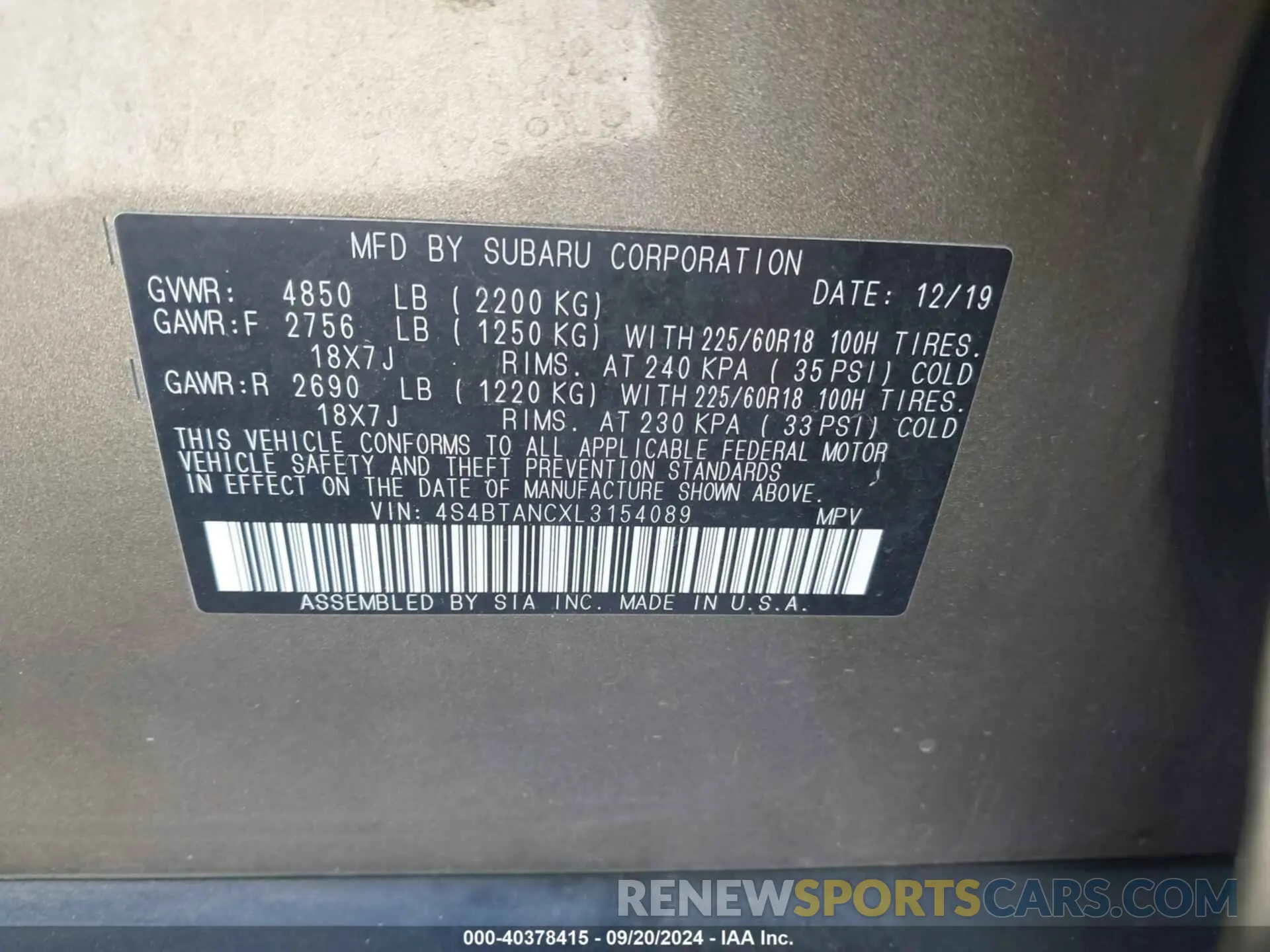 9 fotografías del automóvil dañado 4S4BTANCXL3154089 SUBARU OUTBACK 2020