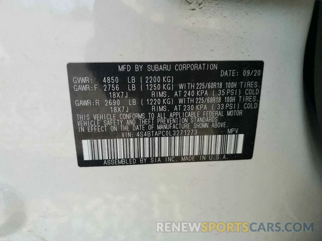 13 fotografías del automóvil dañado 4S4BTAPC0L3271273 SUBARU OUTBACK 2020