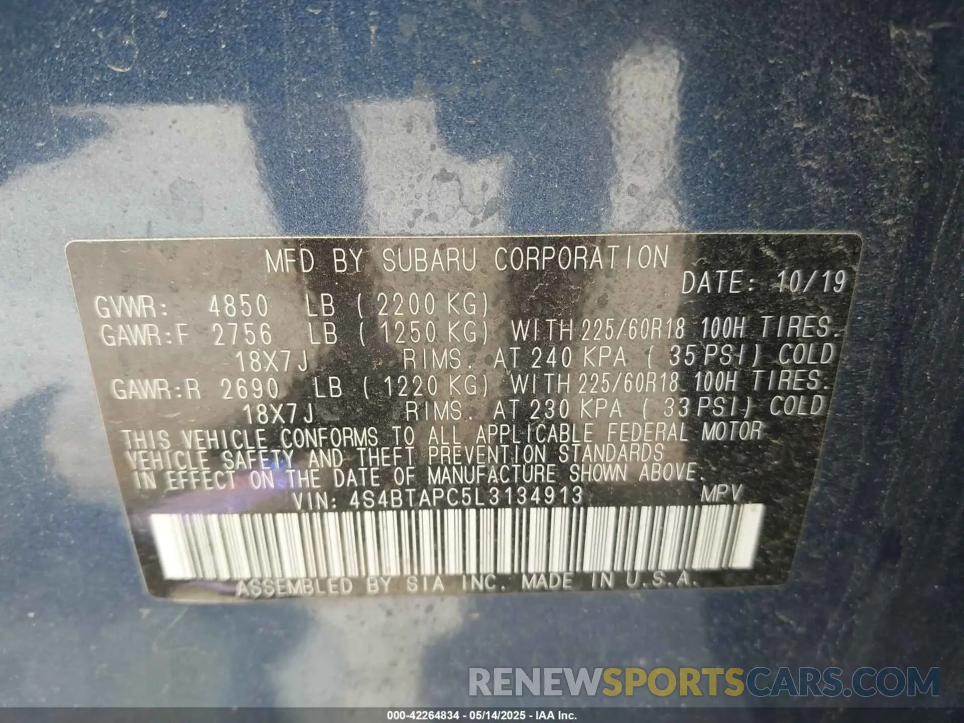 9 fotografías del automóvil dañado 4S4BTAPC5L3134913 SUBARU OUTBACK 2020