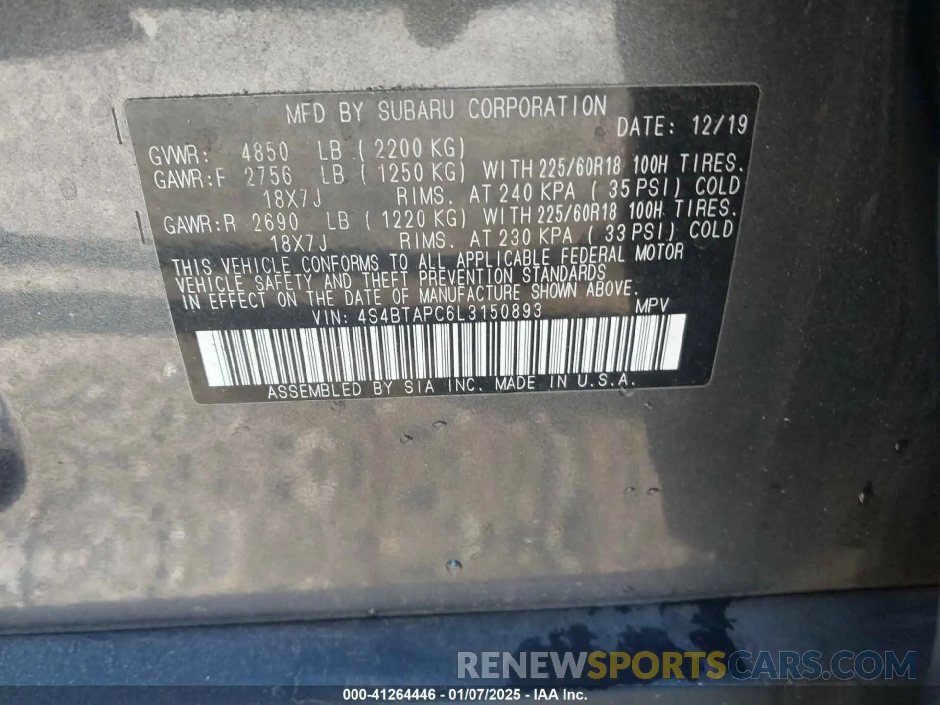 9 fotografías del automóvil dañado 4S4BTAPC6L3150893 SUBARU OUTBACK 2020