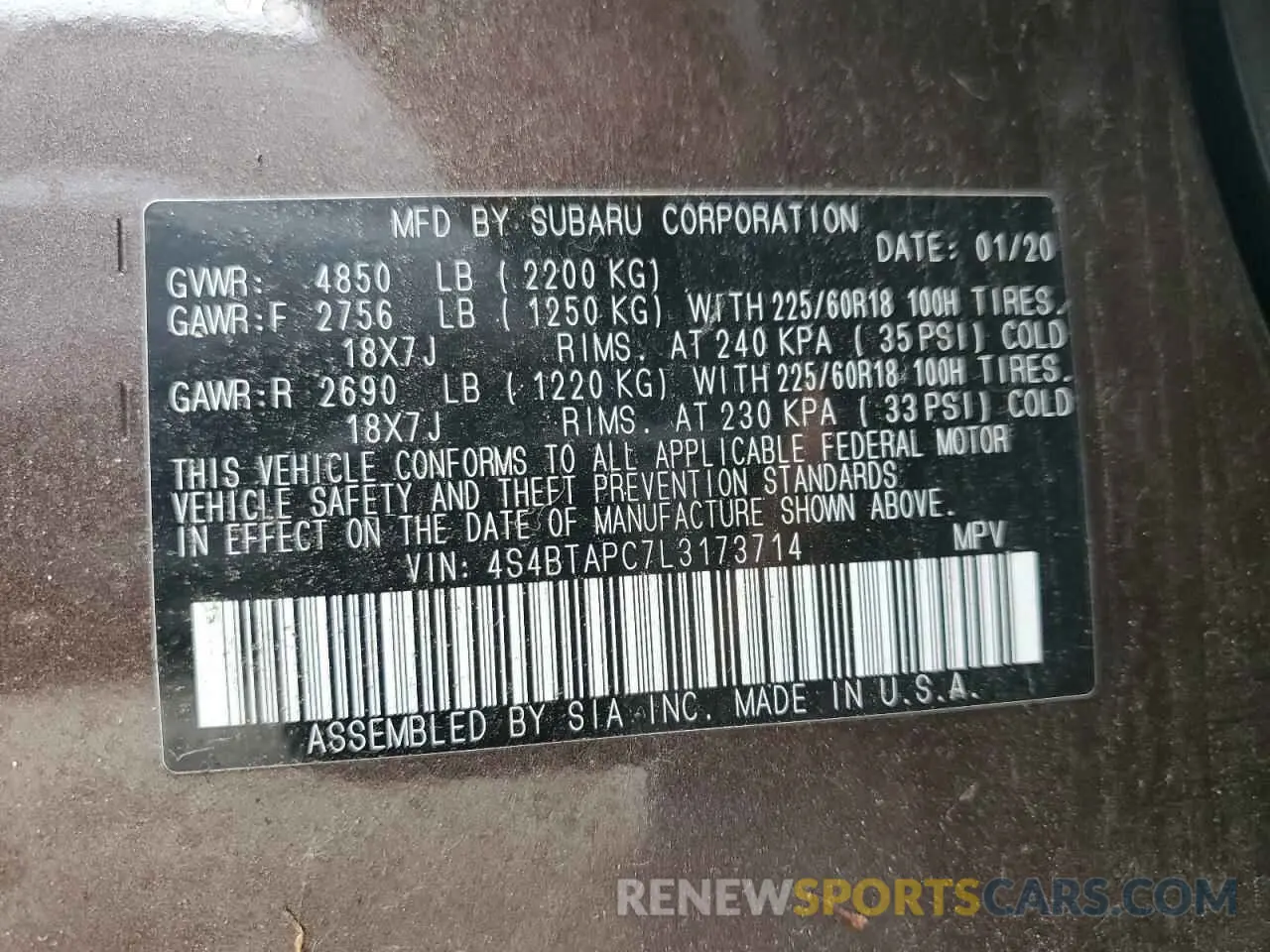 13 fotografías del automóvil dañado 4S4BTAPC7L3173714 SUBARU OUTBACK 2020