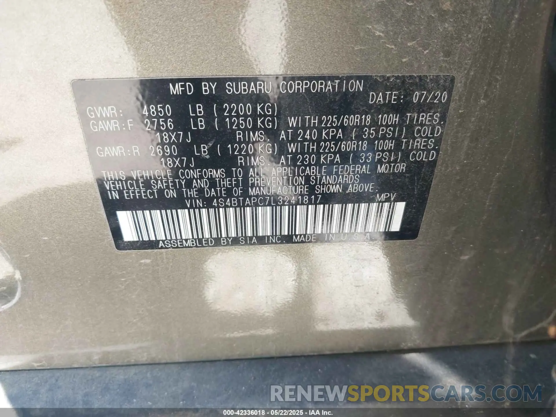 9 fotografías del automóvil dañado 4S4BTAPC7L3241817 SUBARU OUTBACK 2020