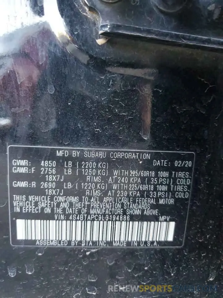 14 fotografías del automóvil dañado 4S4BTAPC9L3194886 SUBARU OUTBACK 2020