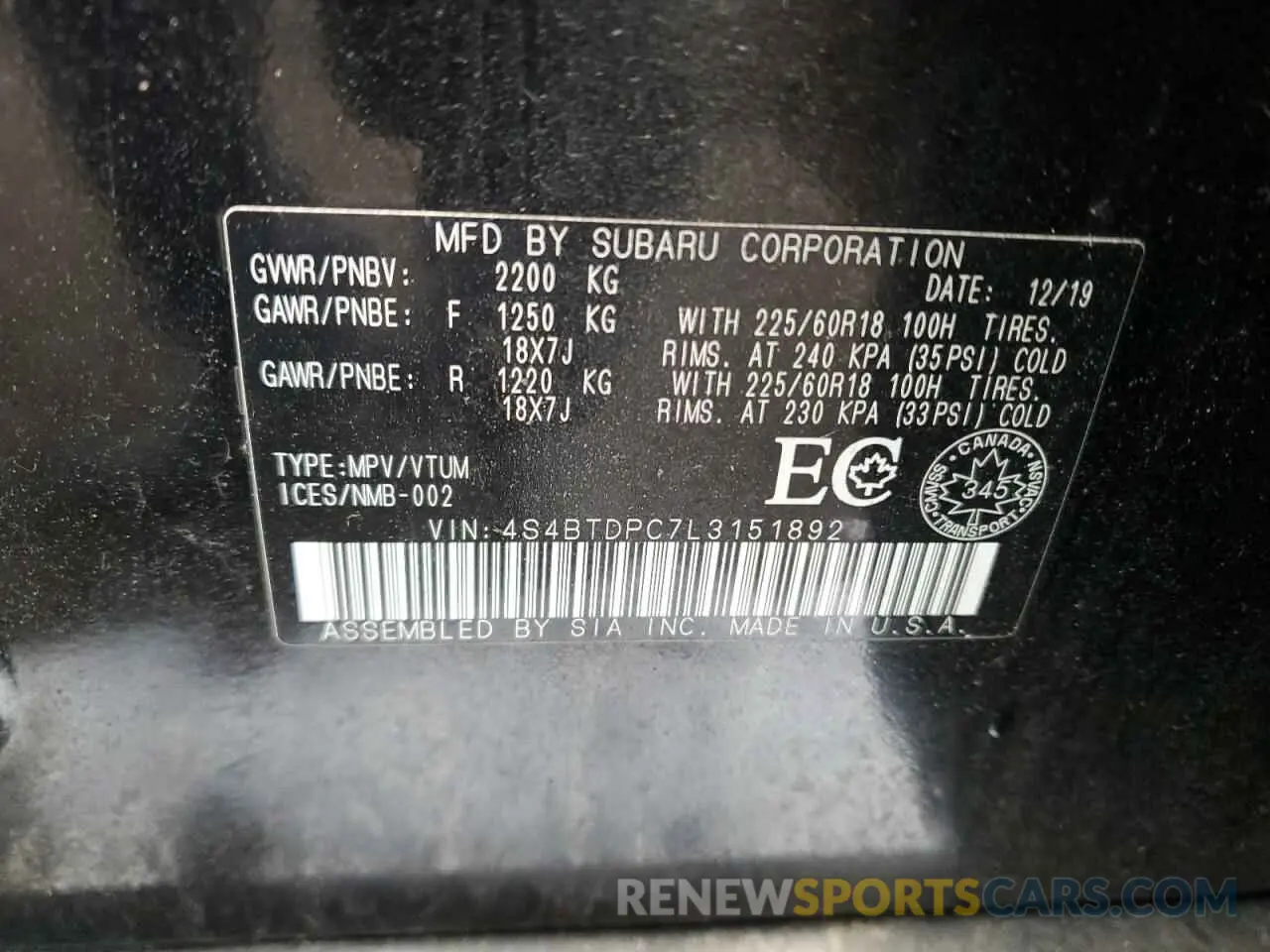13 fotografías del automóvil dañado 4S4BTDPC7L3151892 SUBARU OUTBACK 2020