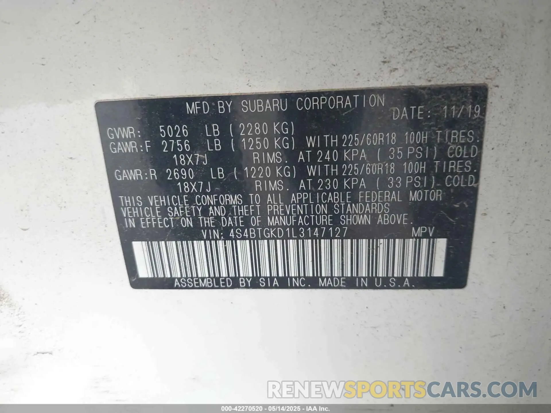 9 fotografías del automóvil dañado 4S4BTGKD1L3147127 SUBARU OUTBACK 2020