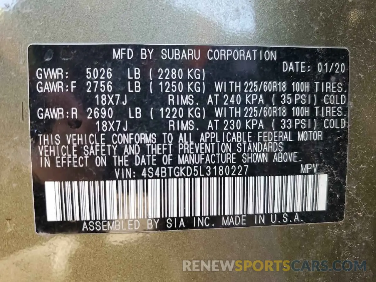 14 fotografías del automóvil dañado 4S4BTGKD5L3180227 SUBARU OUTBACK 2020