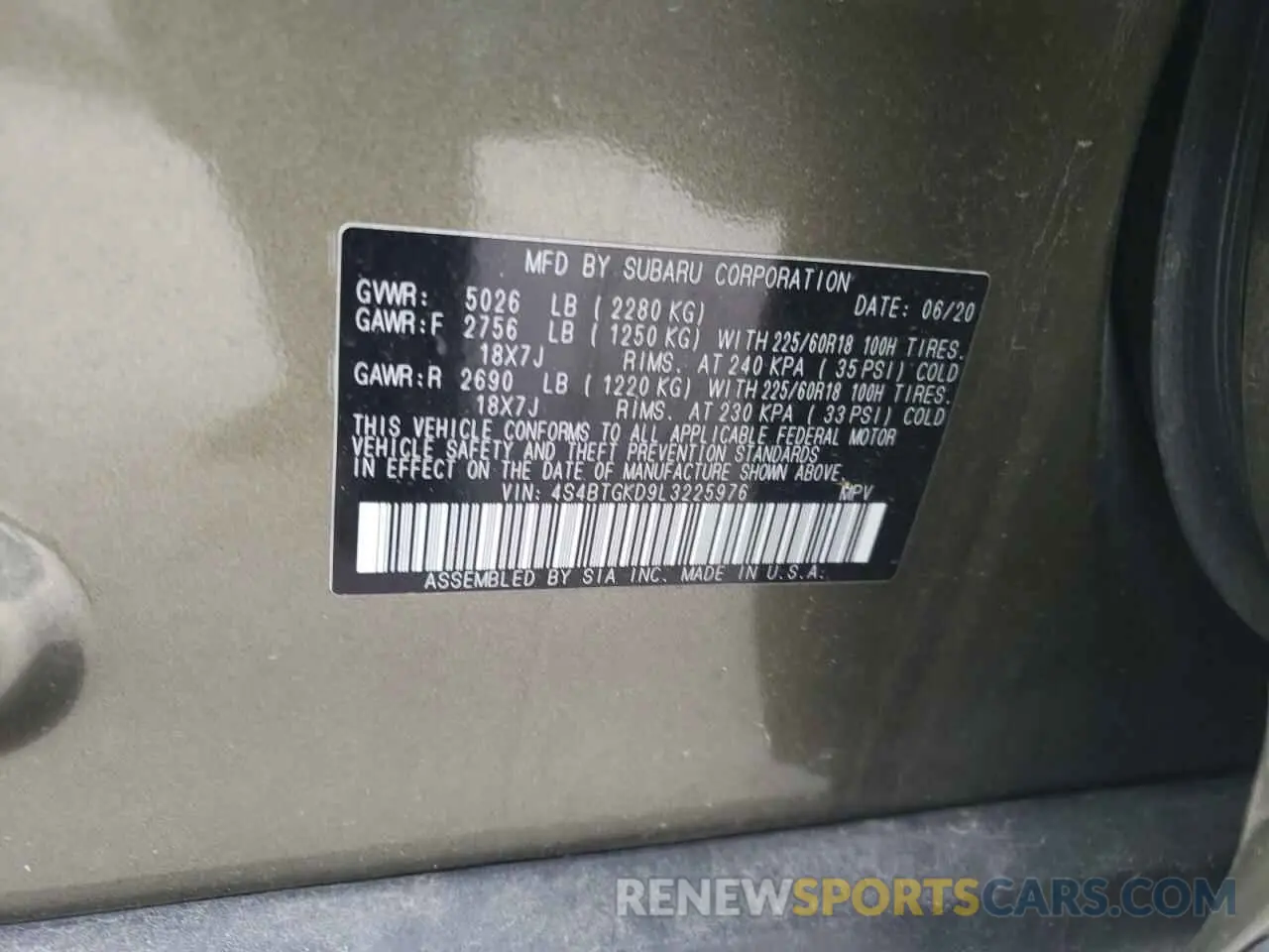 12 fotografías del automóvil dañado 4S4BTGKD9L3225976 SUBARU OUTBACK 2020