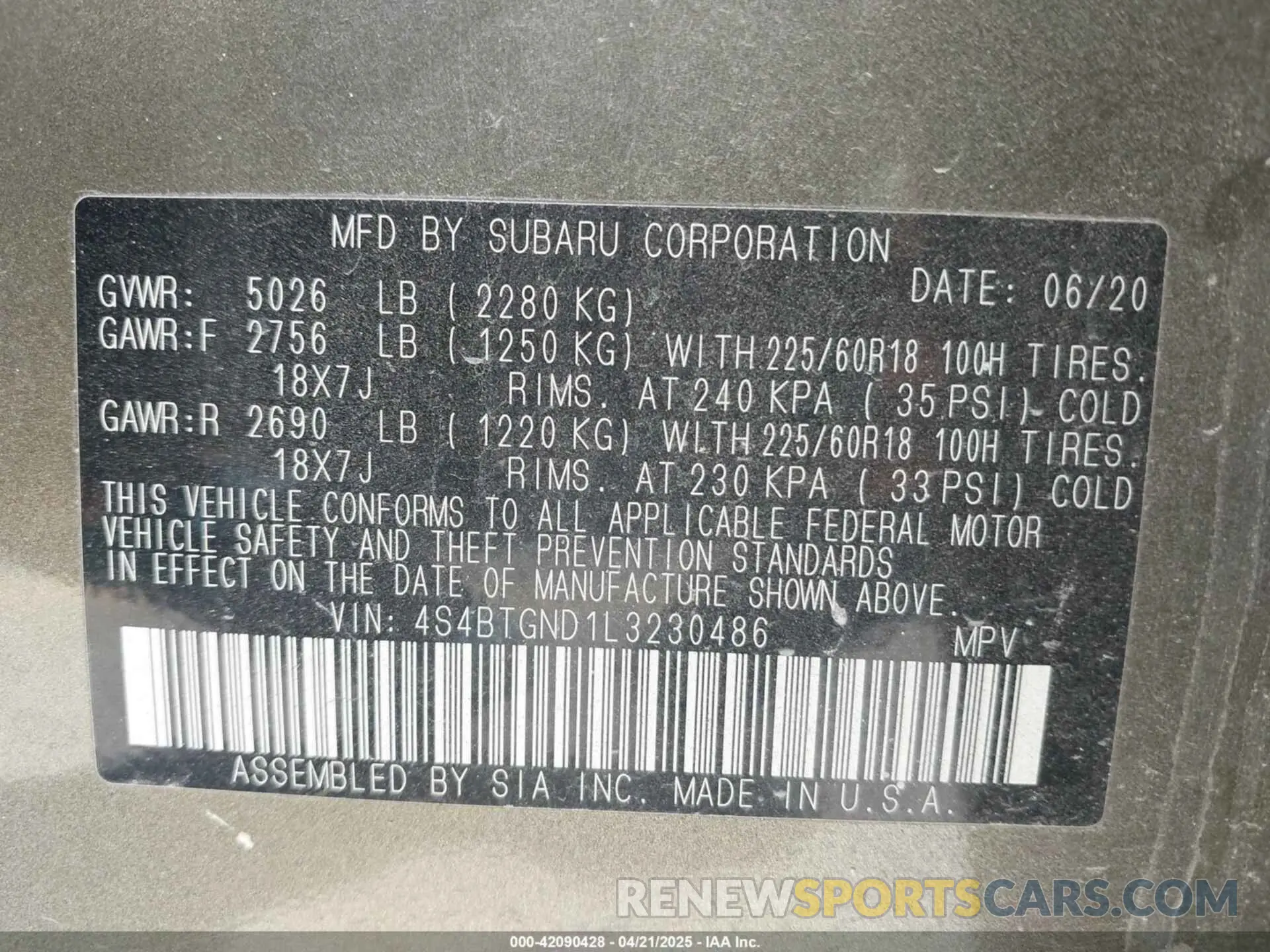 9 fotografías del automóvil dañado 4S4BTGND1L3230486 SUBARU OUTBACK 2020