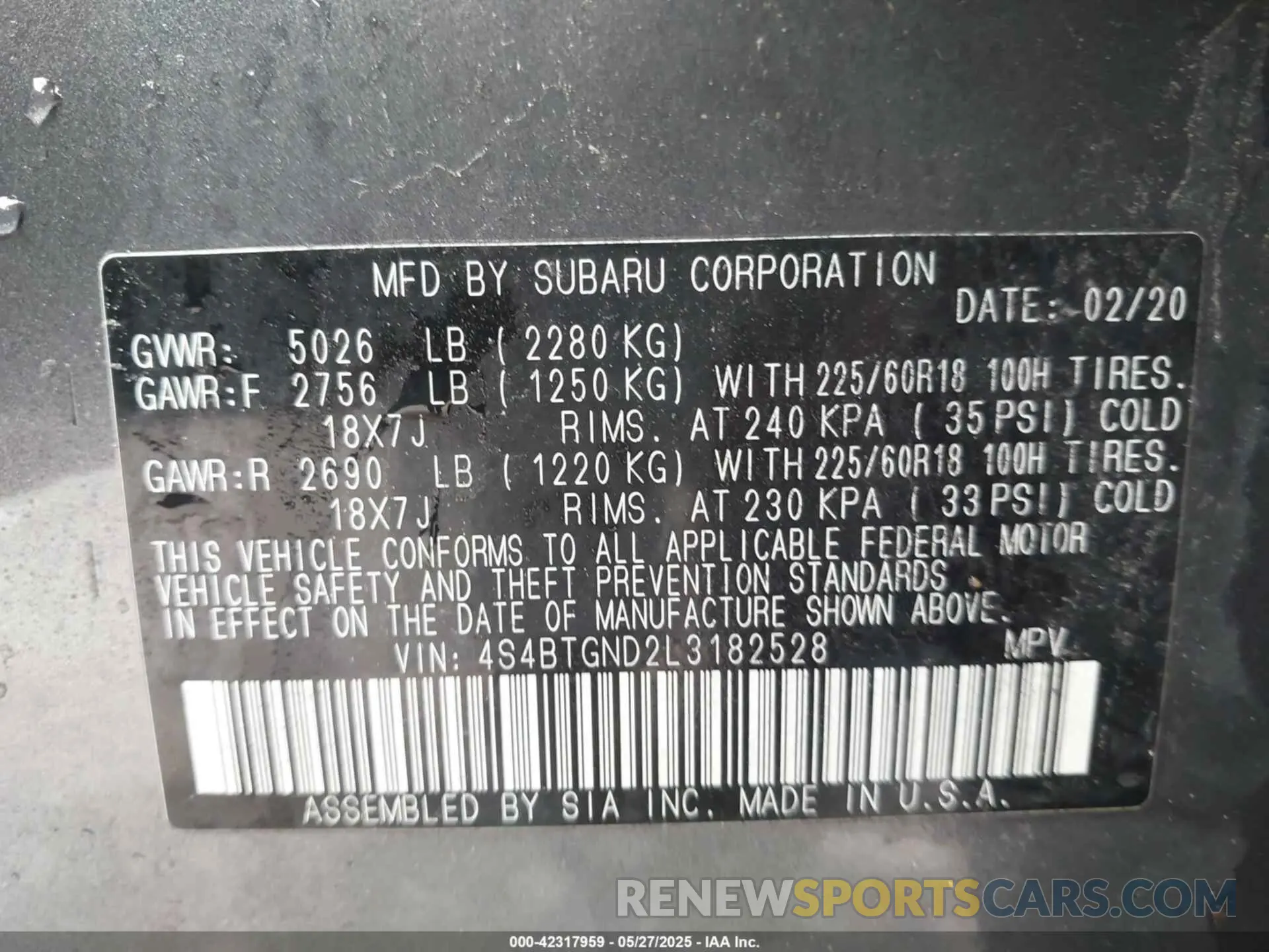 9 fotografías del automóvil dañado 4S4BTGND2L3182528 SUBARU OUTBACK 2020