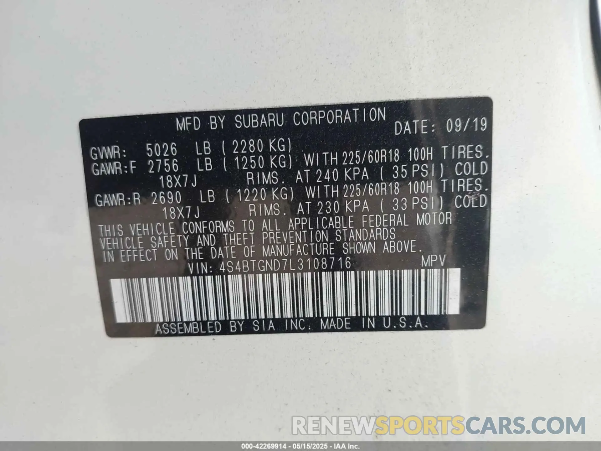 9 fotografías del automóvil dañado 4S4BTGND7L3108716 SUBARU OUTBACK 2020