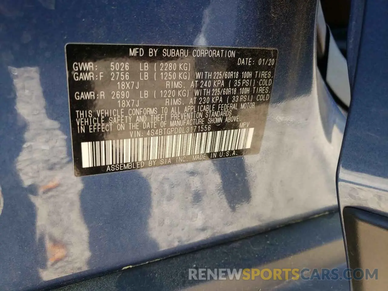 13 fotografías del automóvil dañado 4S4BTGPD0L3171556 SUBARU OUTBACK 2020