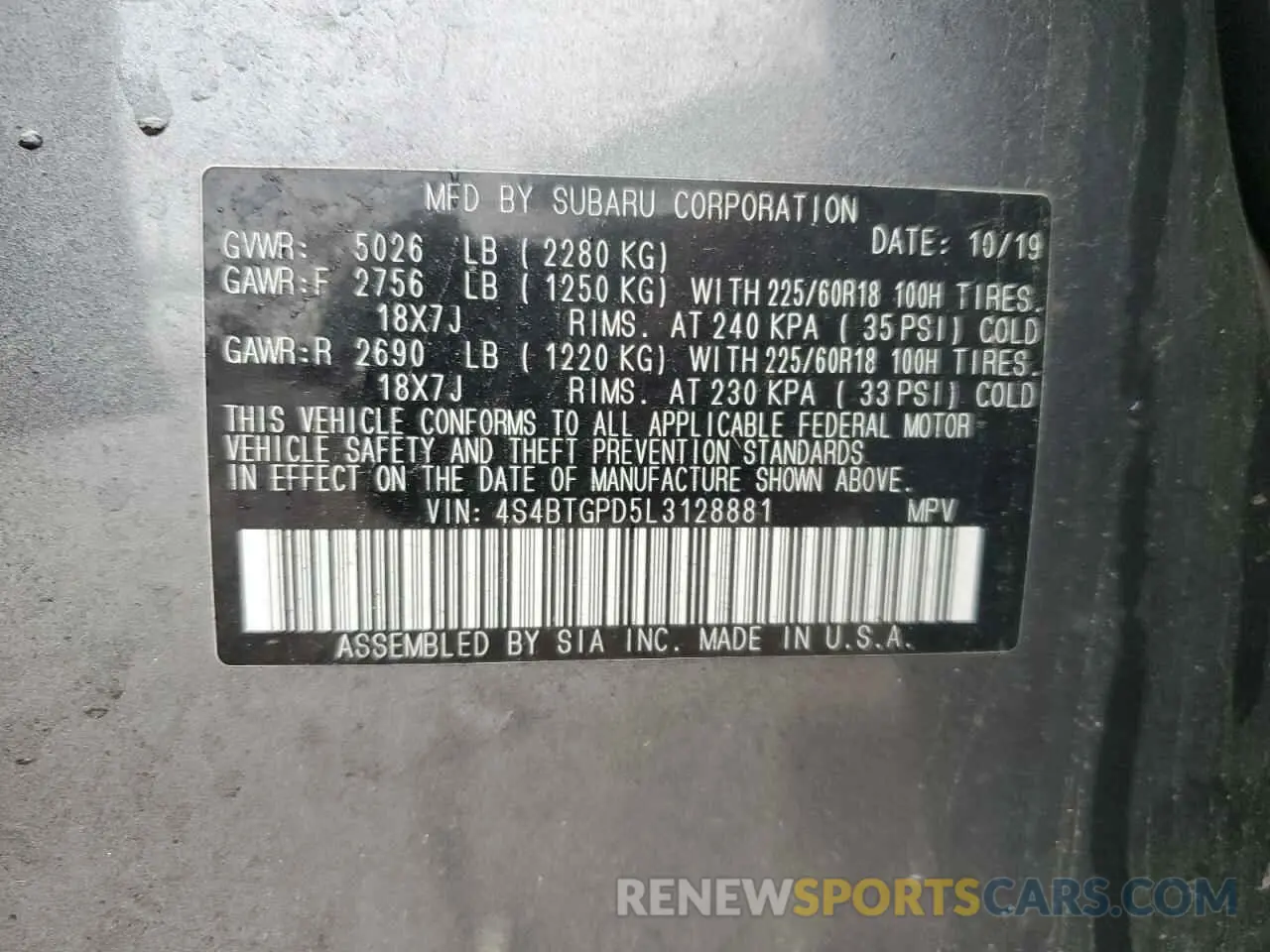 12 fotografías del automóvil dañado 4S4BTGPD5L3128881 SUBARU OUTBACK 2020