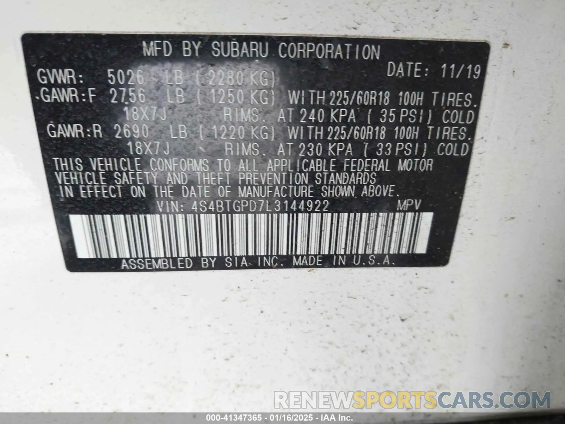 9 fotografías del automóvil dañado 4S4BTGPD7L3144922 SUBARU OUTBACK 2020