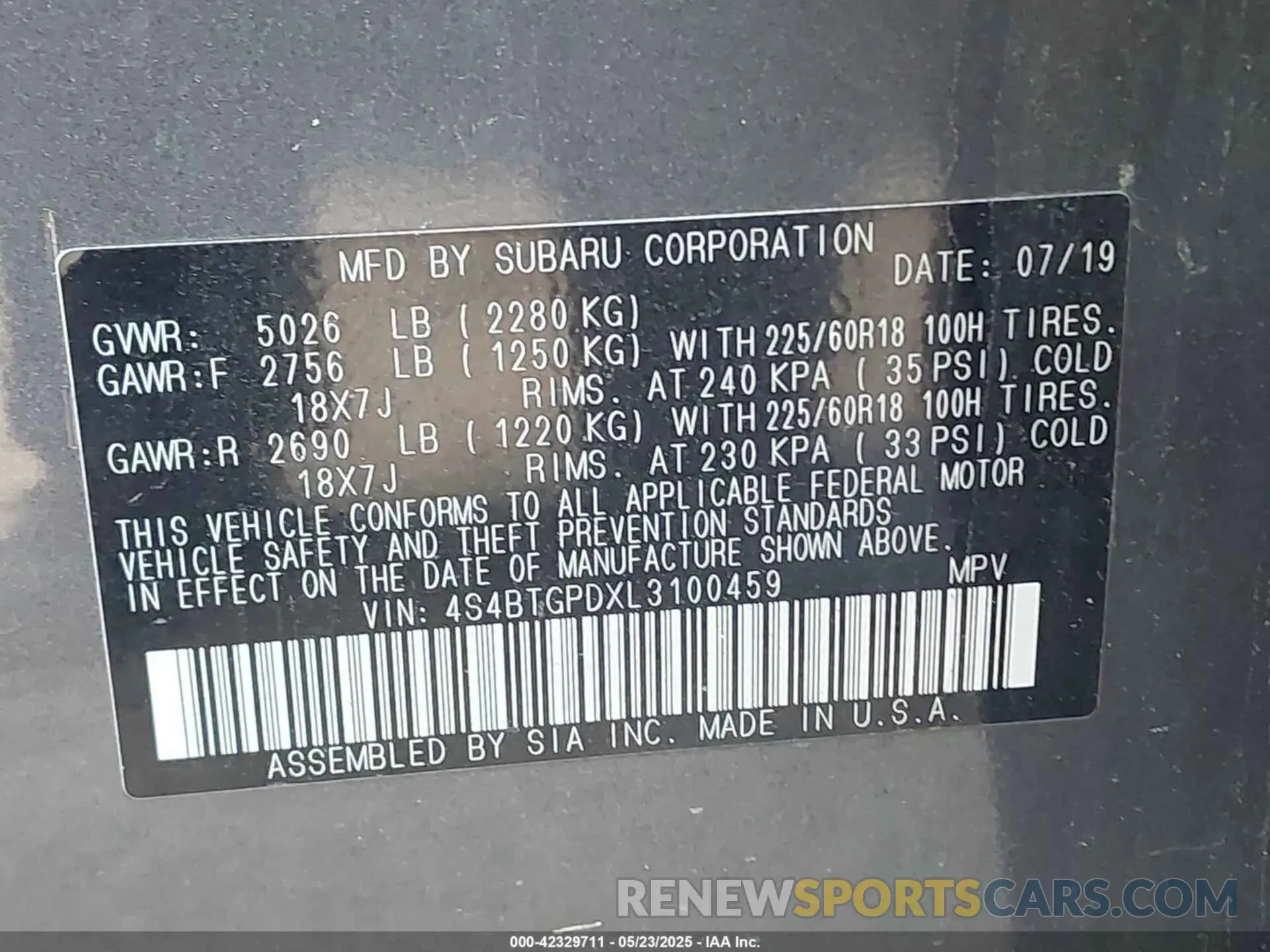 9 fotografías del automóvil dañado 4S4BTGPDXL3100459 SUBARU OUTBACK 2020