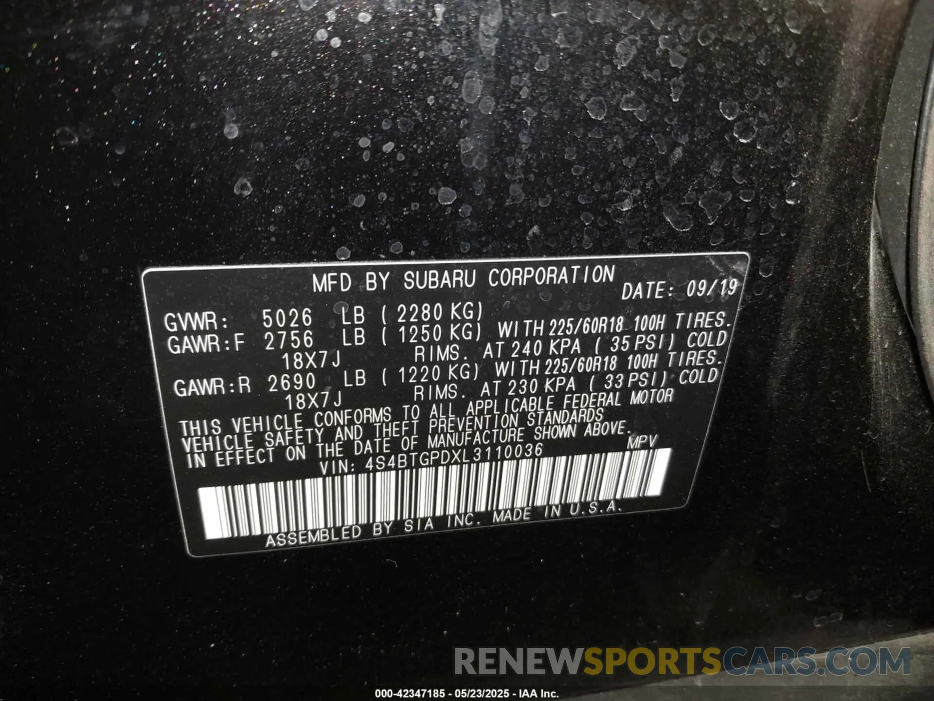 9 fotografías del automóvil dañado 4S4BTGPDXL3110036 SUBARU OUTBACK 2020