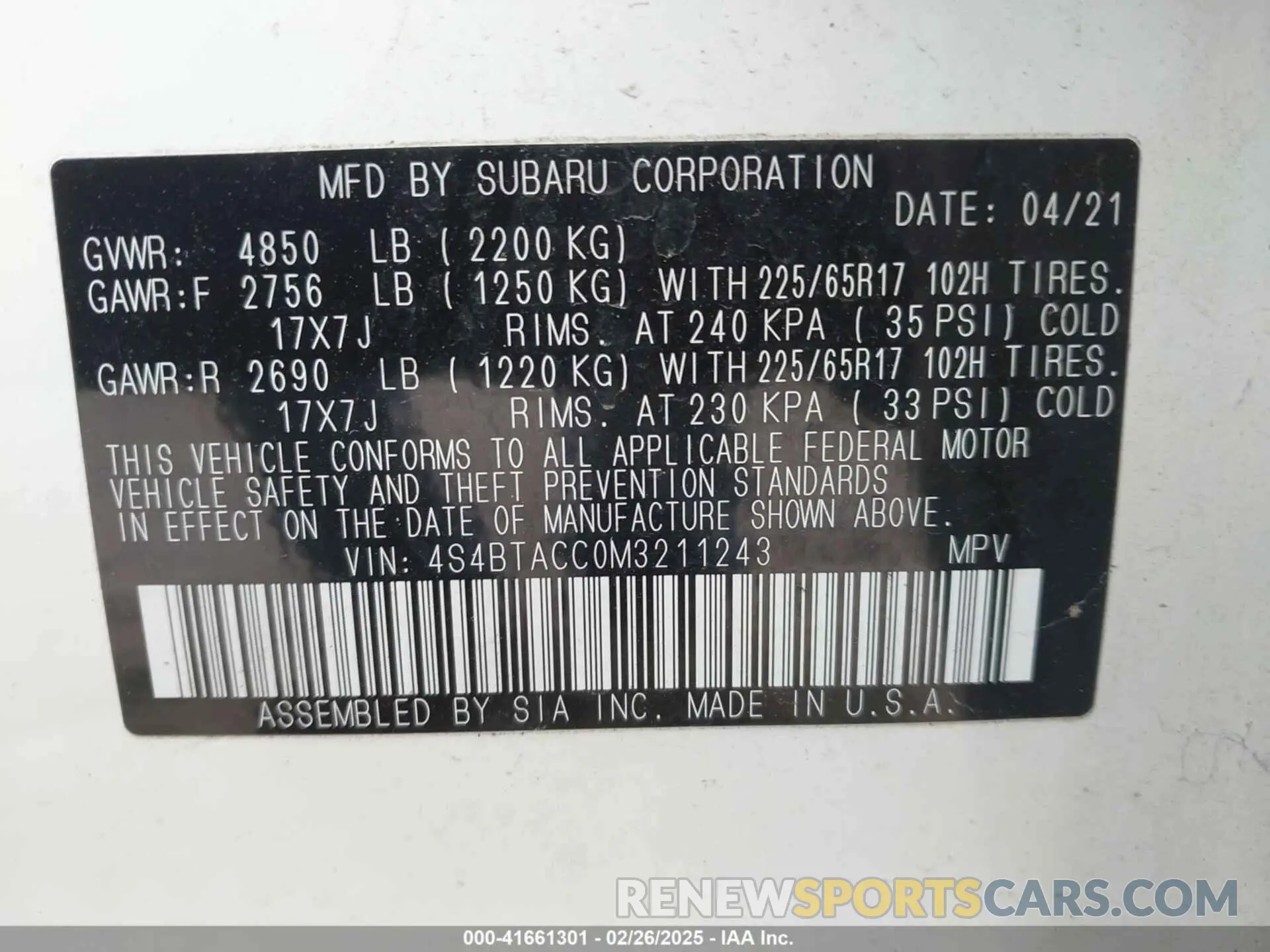 8 fotografías del automóvil dañado 4S4BTACC0M3211243 SUBARU OUTBACK 2021