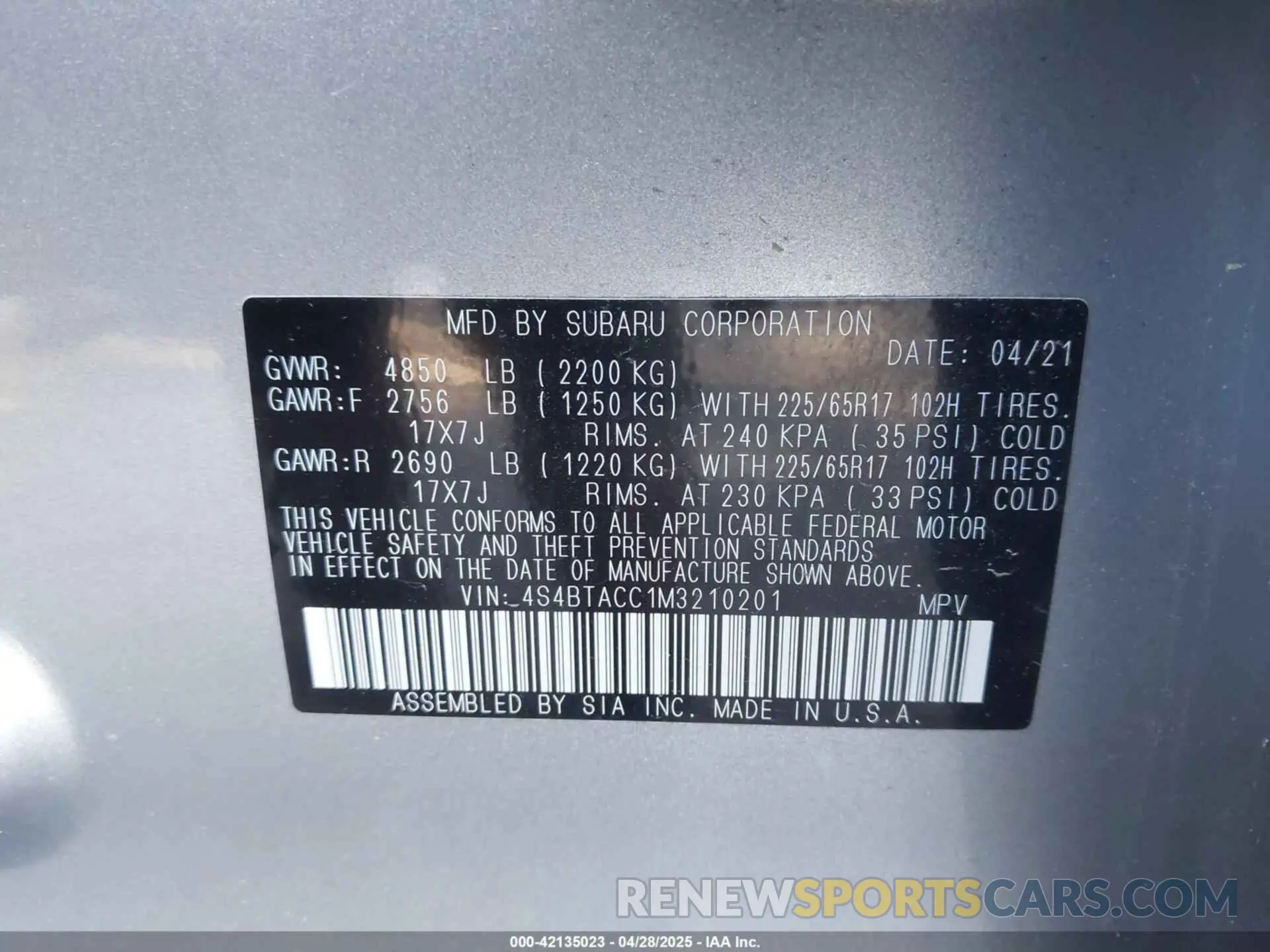 9 fotografías del automóvil dañado 4S4BTACC1M3210201 SUBARU OUTBACK 2021