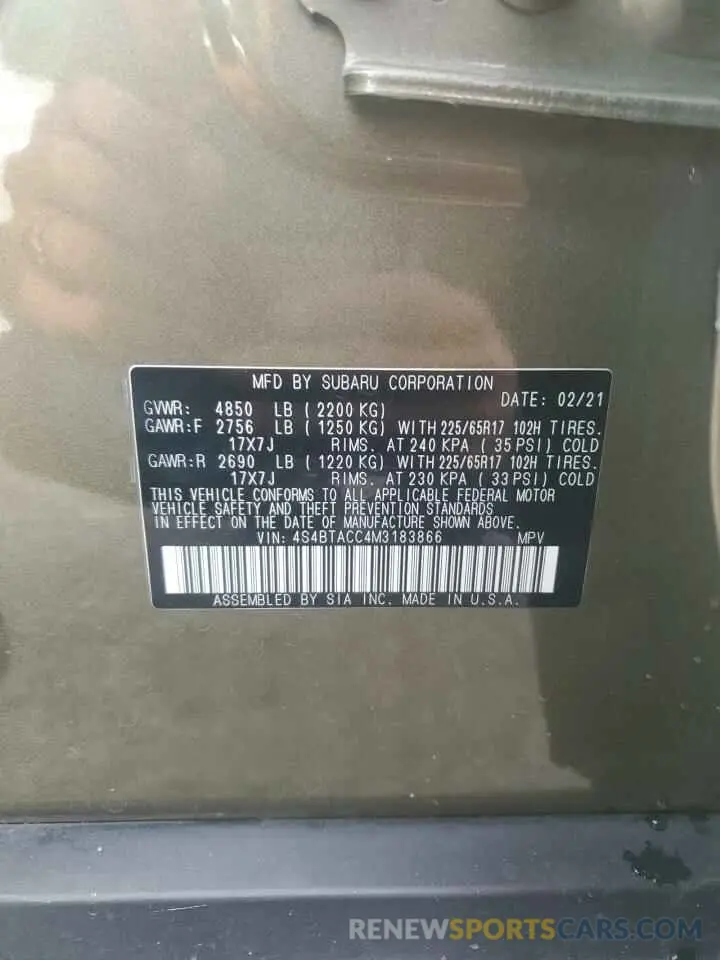 12 fotografías del automóvil dañado 4S4BTACC4M3183866 SUBARU OUTBACK 2021