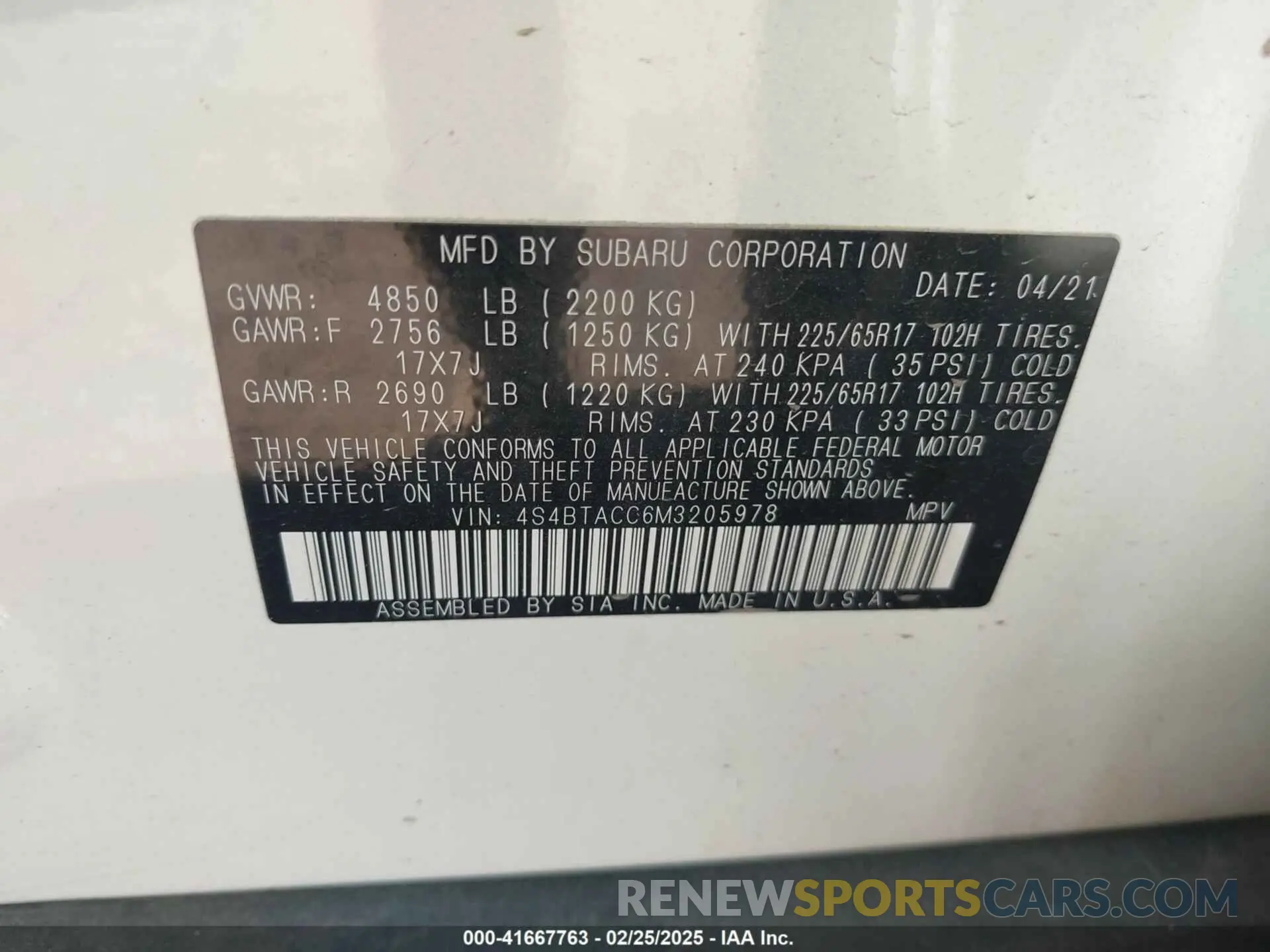 9 fotografías del automóvil dañado 4S4BTACC6M3205978 SUBARU OUTBACK 2021
