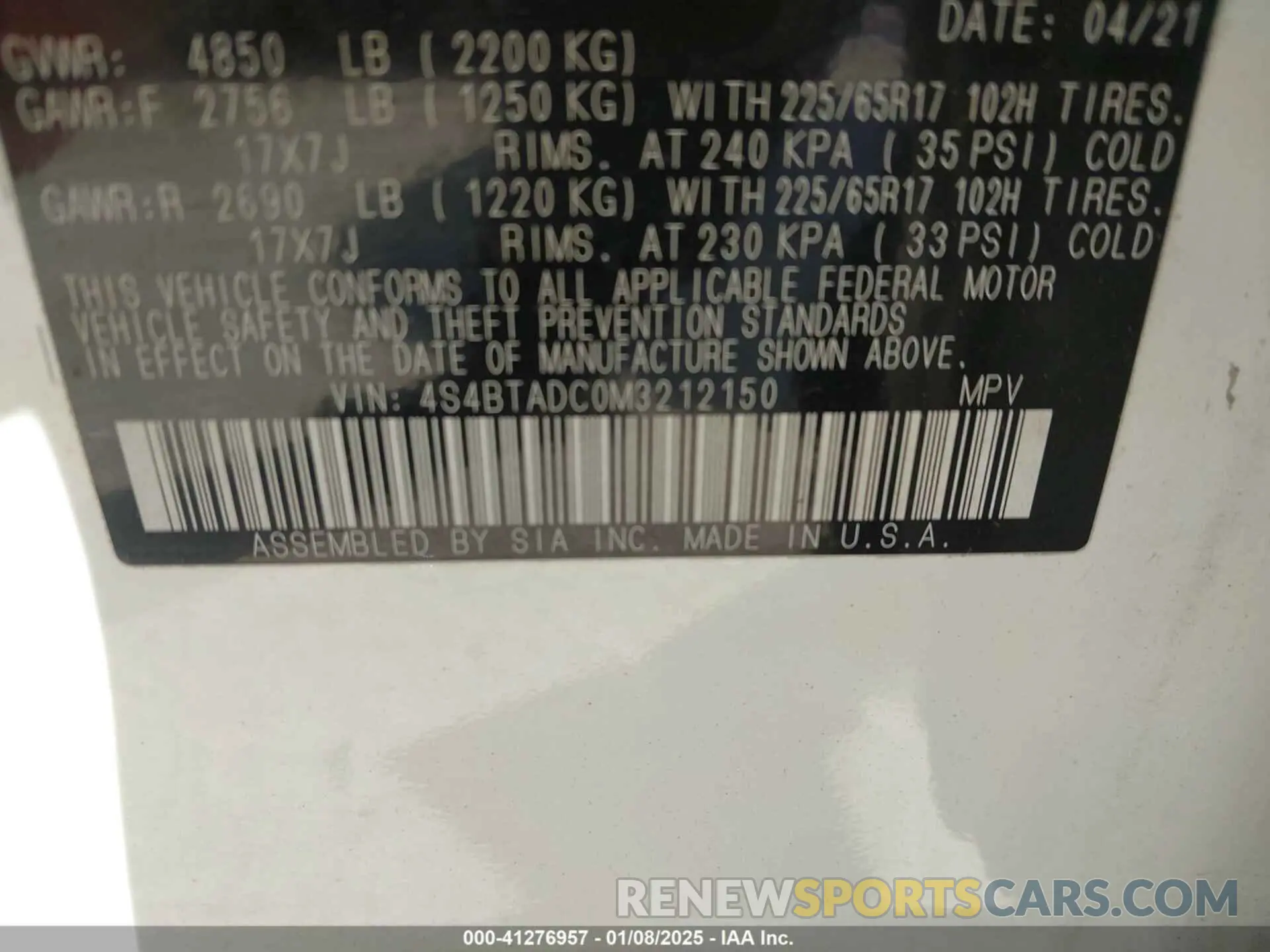 9 fotografías del automóvil dañado 4S4BTADC0M3212150 SUBARU OUTBACK 2021
