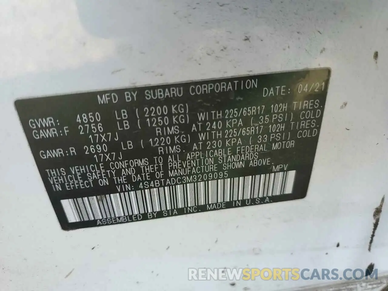 13 fotografías del automóvil dañado 4S4BTADC3M3209095 SUBARU OUTBACK 2021