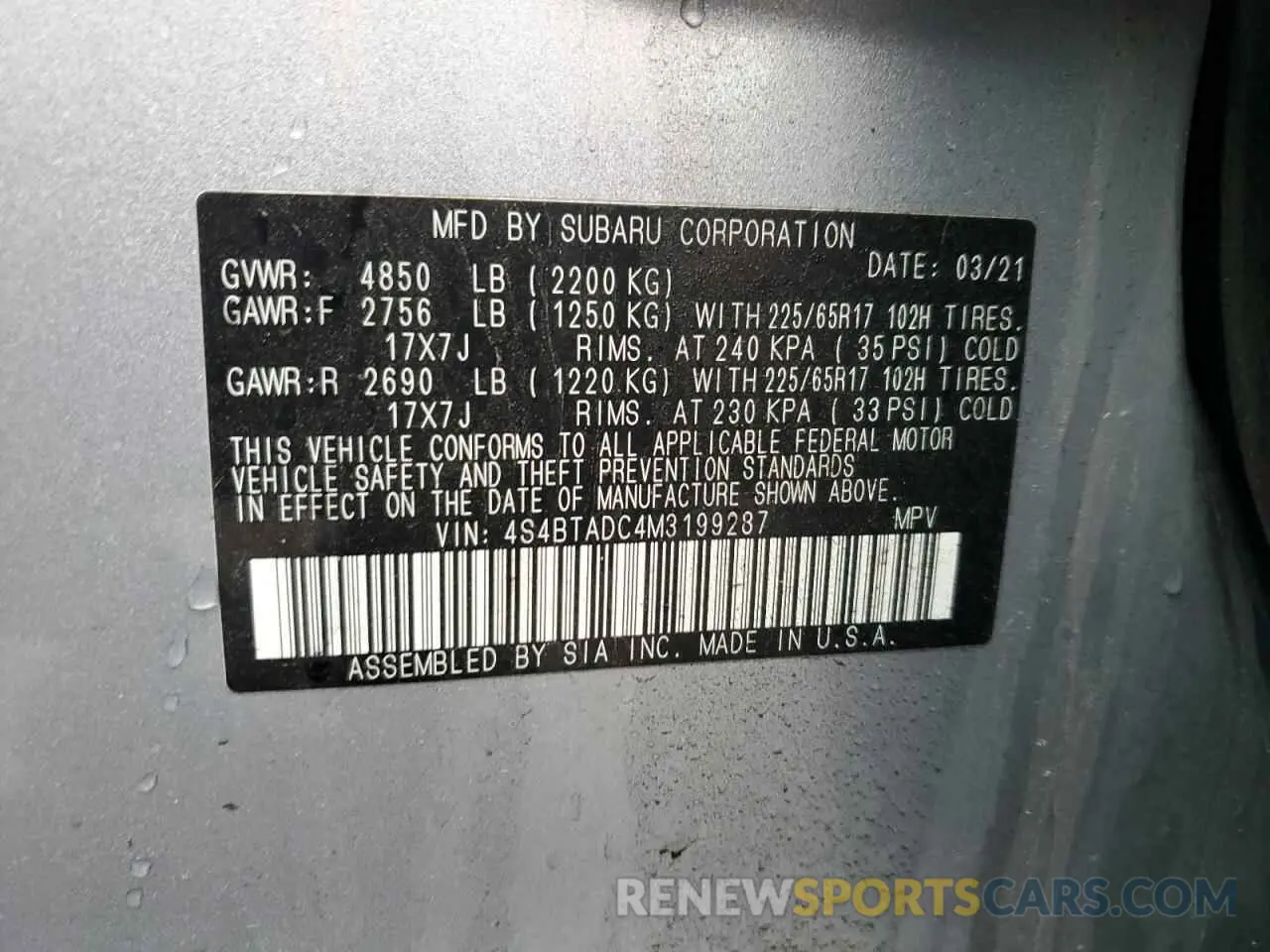 13 fotografías del automóvil dañado 4S4BTADC4M3199287 SUBARU OUTBACK 2021