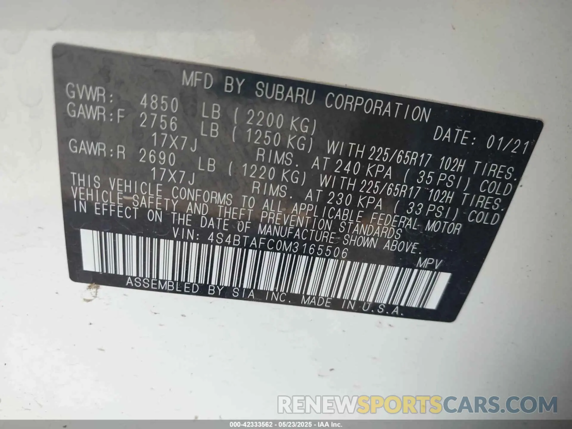 9 fotografías del automóvil dañado 4S4BTAFC0M3165506 SUBARU OUTBACK 2021
