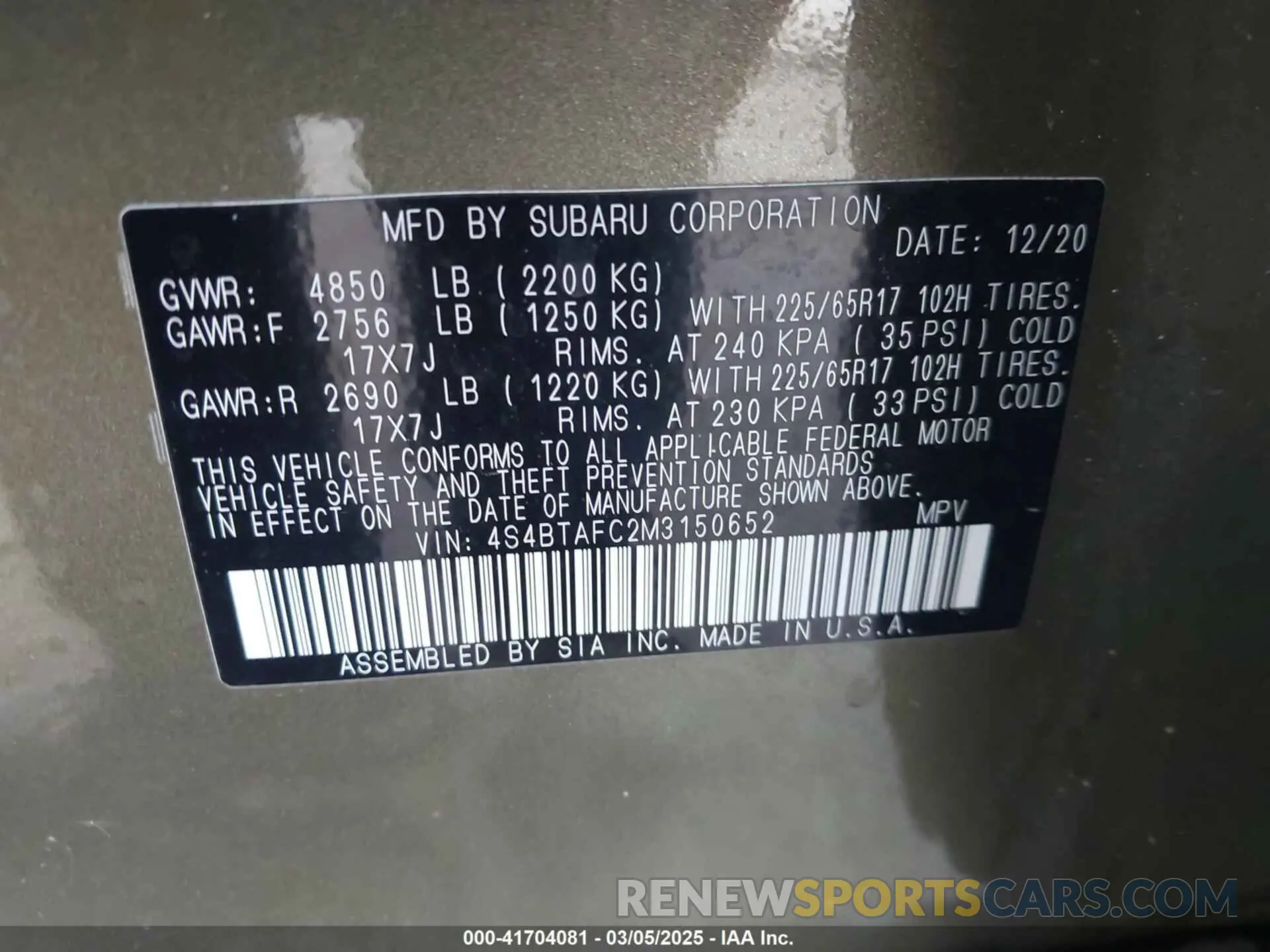 9 fotografías del automóvil dañado 4S4BTAFC2M3150652 SUBARU OUTBACK 2021