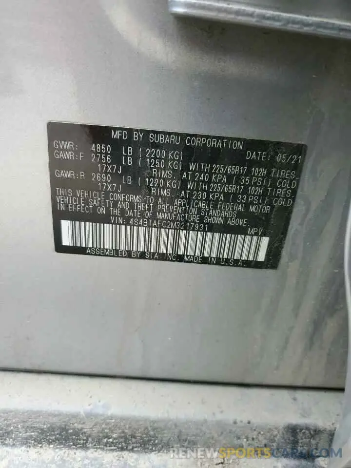 13 fotografías del automóvil dañado 4S4BTAFC2M3217931 SUBARU OUTBACK 2021