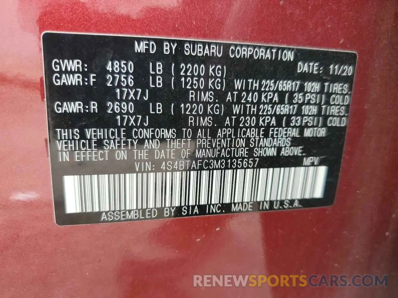 13 fotografías del automóvil dañado 4S4BTAFC3M3135657 SUBARU OUTBACK 2021