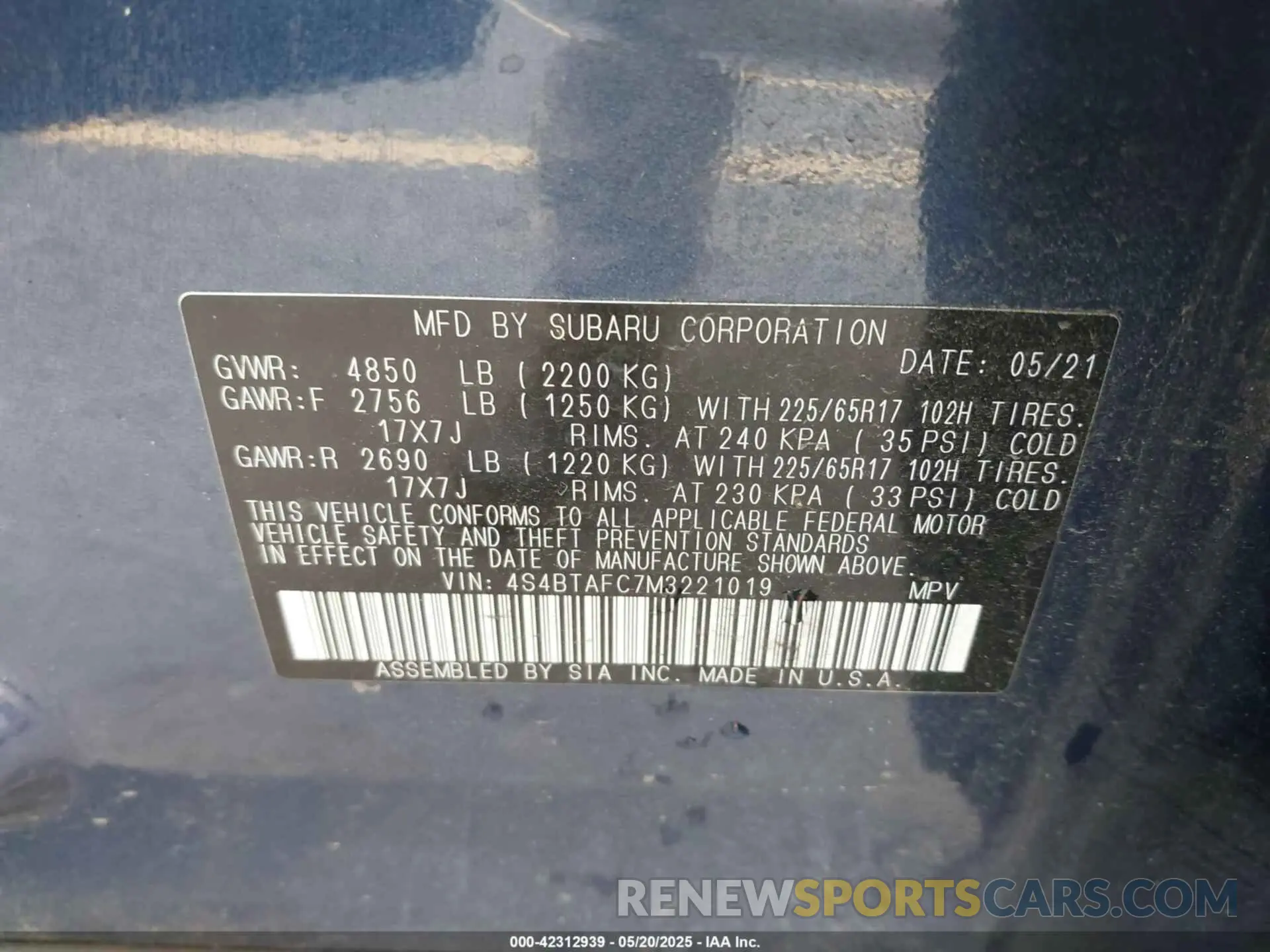 9 fotografías del automóvil dañado 4S4BTAFC7M3221019 SUBARU OUTBACK 2021