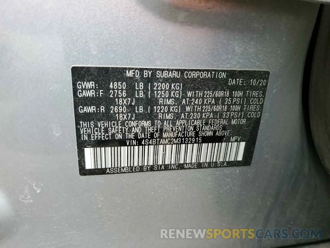 13 fotografías del automóvil dañado 4S4BTAMC2M3132915 SUBARU OUTBACK 2021