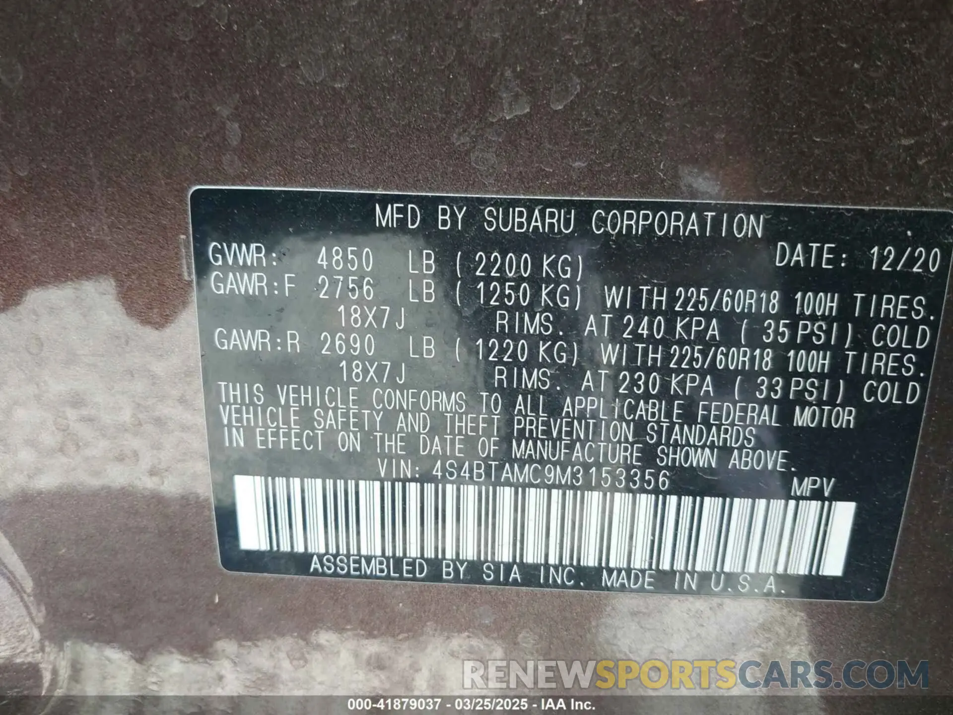 9 fotografías del automóvil dañado 4S4BTAMC9M3153356 SUBARU OUTBACK 2021
