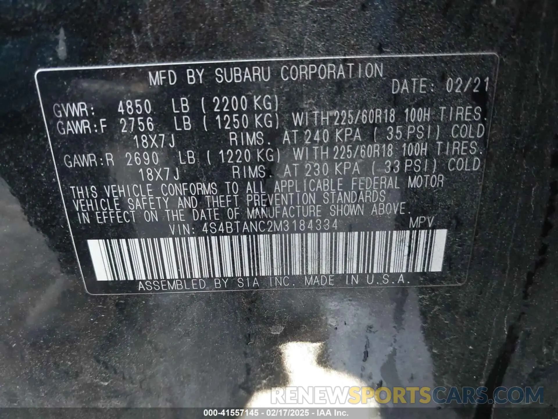 9 fotografías del automóvil dañado 4S4BTANC2M3184334 SUBARU OUTBACK 2021