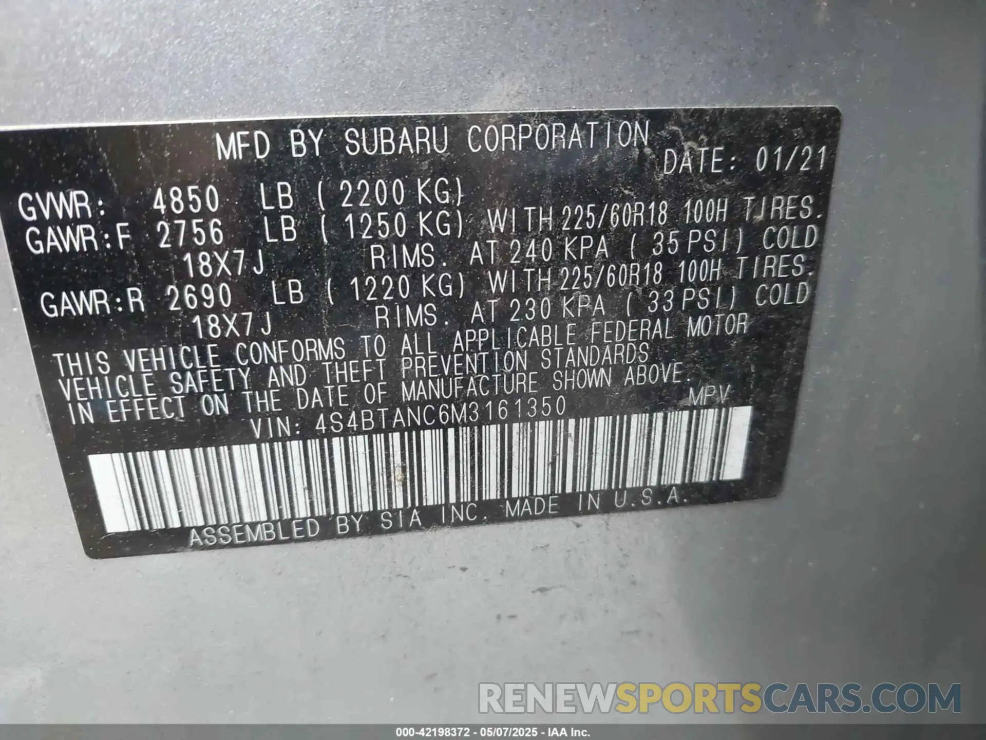 9 fotografías del automóvil dañado 4S4BTANC6M3161350 SUBARU OUTBACK 2021