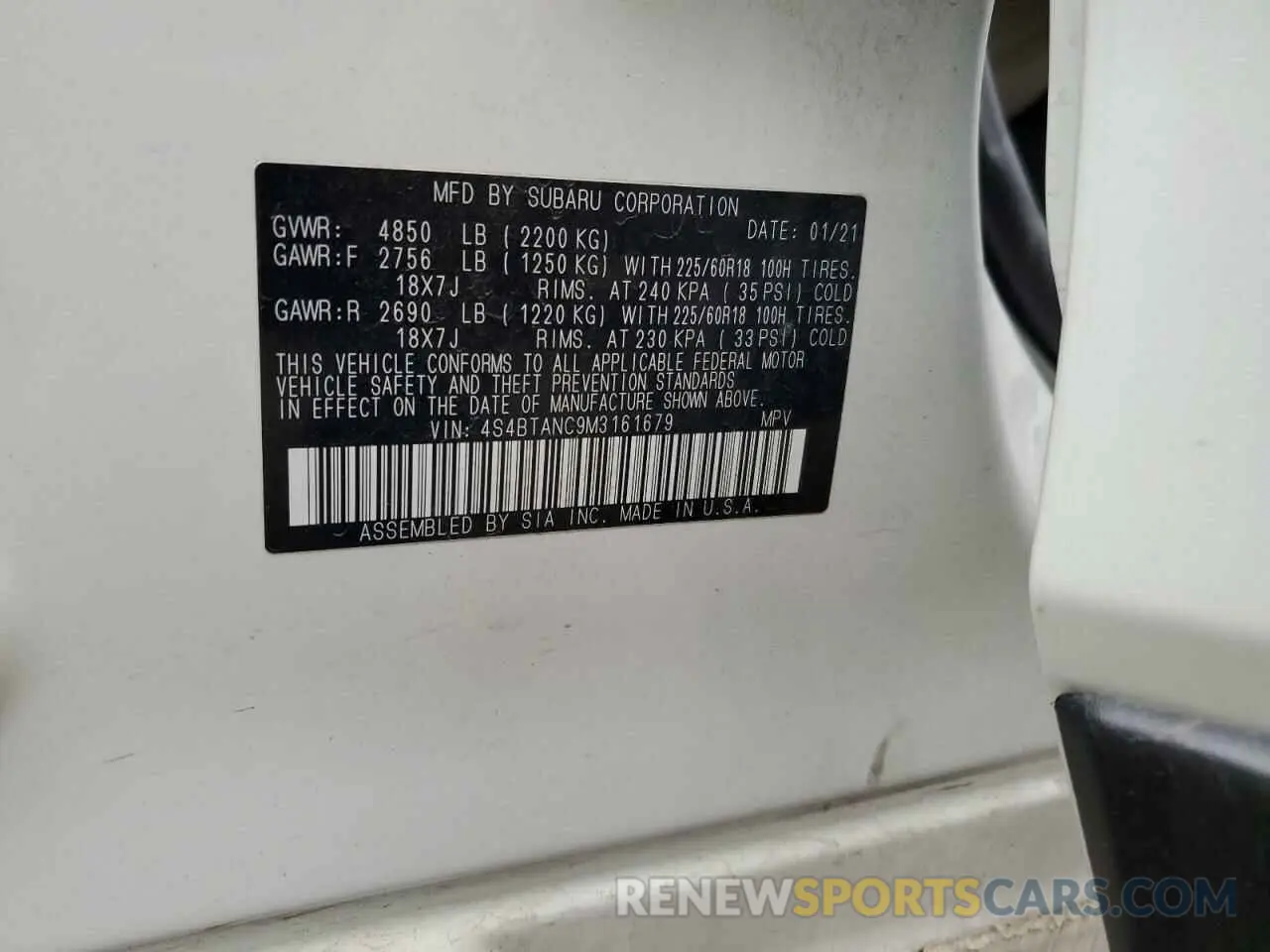 12 fotografías del automóvil dañado 4S4BTANC9M3161679 SUBARU OUTBACK 2021