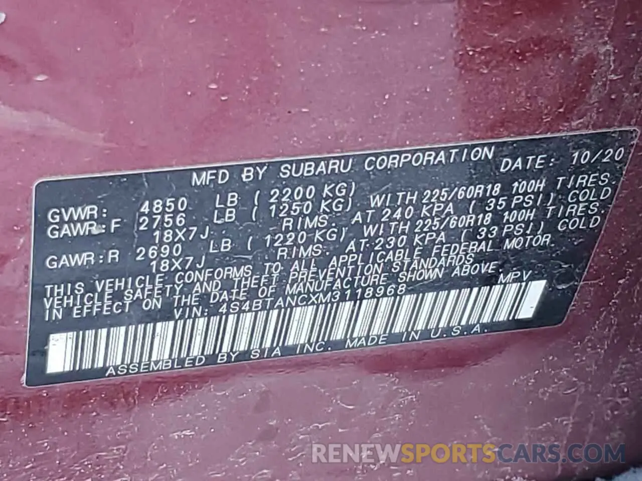 12 fotografías del automóvil dañado 4S4BTANCXM3118968 SUBARU OUTBACK 2021