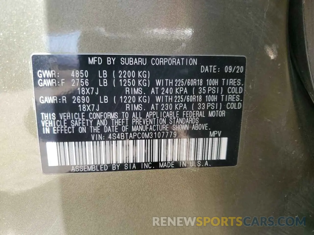 15 fotografías del automóvil dañado 4S4BTAPC0M3107779 SUBARU OUTBACK 2021