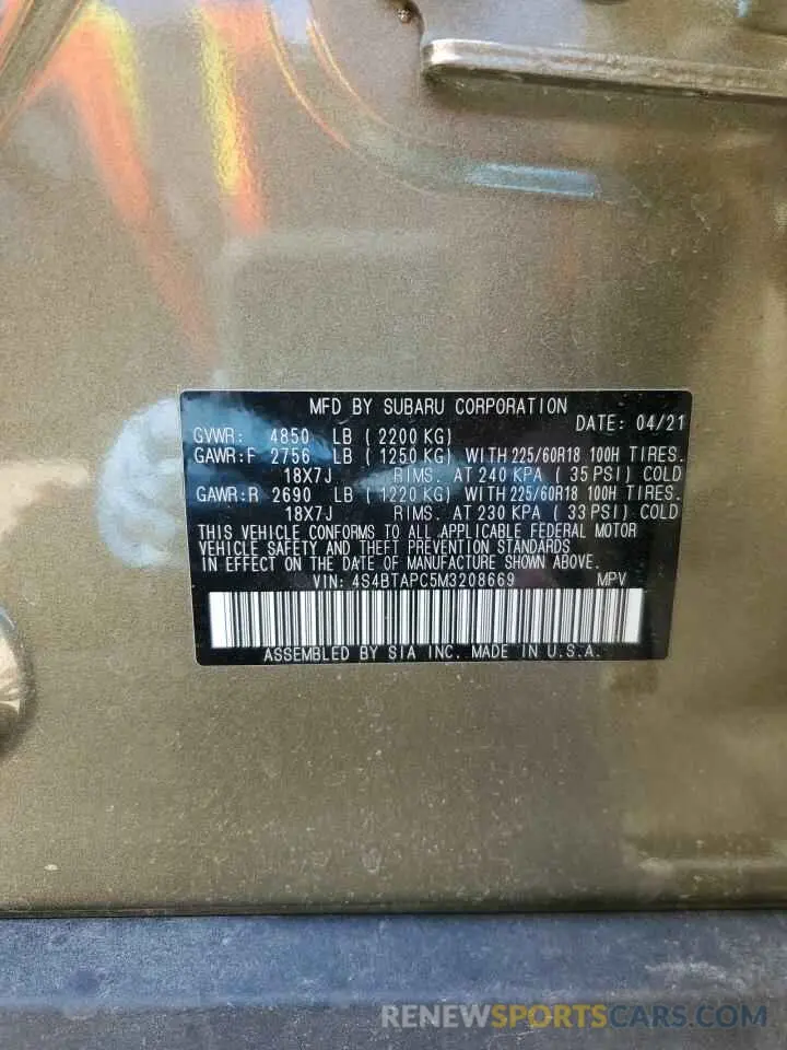 13 fotografías del automóvil dañado 4S4BTAPC5M3208669 SUBARU OUTBACK 2021