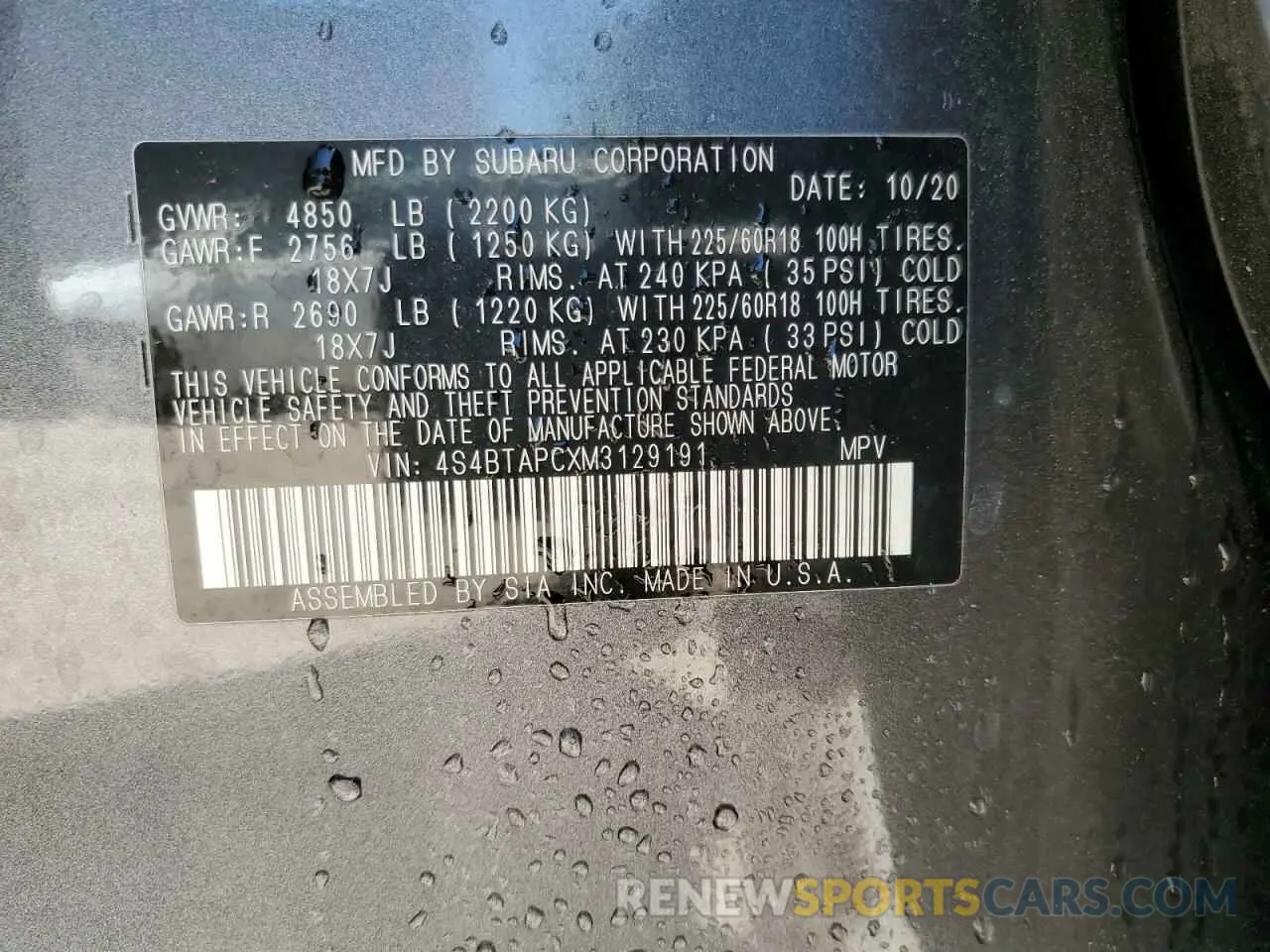 13 fotografías del automóvil dañado 4S4BTAPCXM3129191 SUBARU OUTBACK 2021