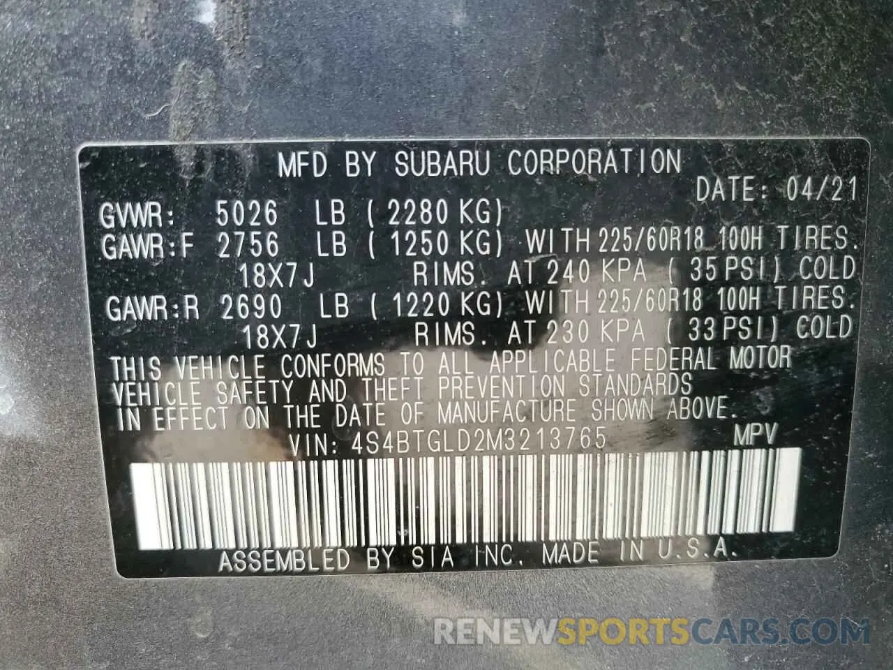 12 fotografías del automóvil dañado 4S4BTGLD2M3213765 SUBARU OUTBACK 2021