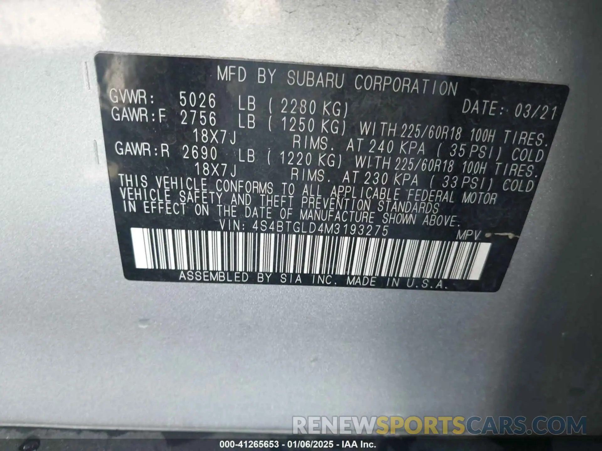 9 fotografías del automóvil dañado 4S4BTGLD4M3193275 SUBARU OUTBACK 2021
