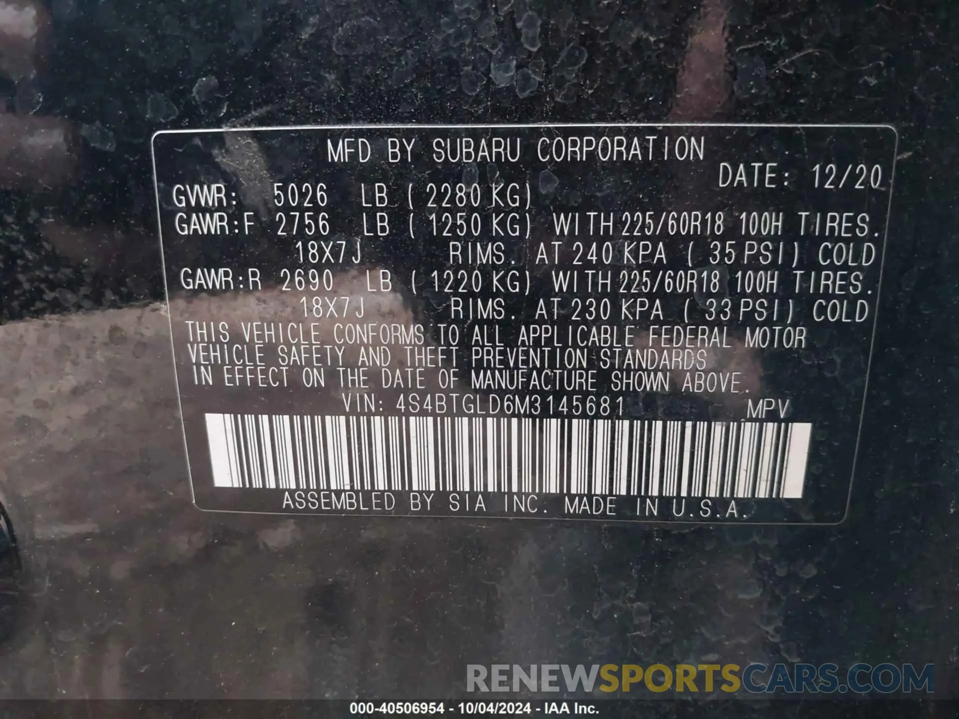 9 fotografías del automóvil dañado 4S4BTGLD6M3145681 SUBARU OUTBACK 2021