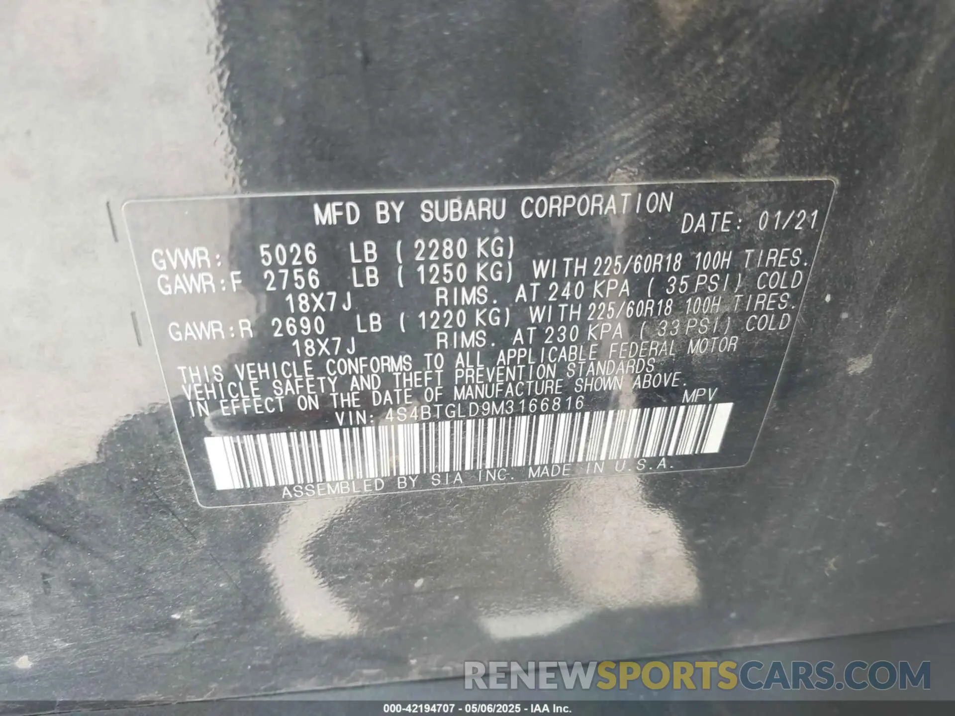 9 fotografías del automóvil dañado 4S4BTGLD9M3166816 SUBARU OUTBACK 2021