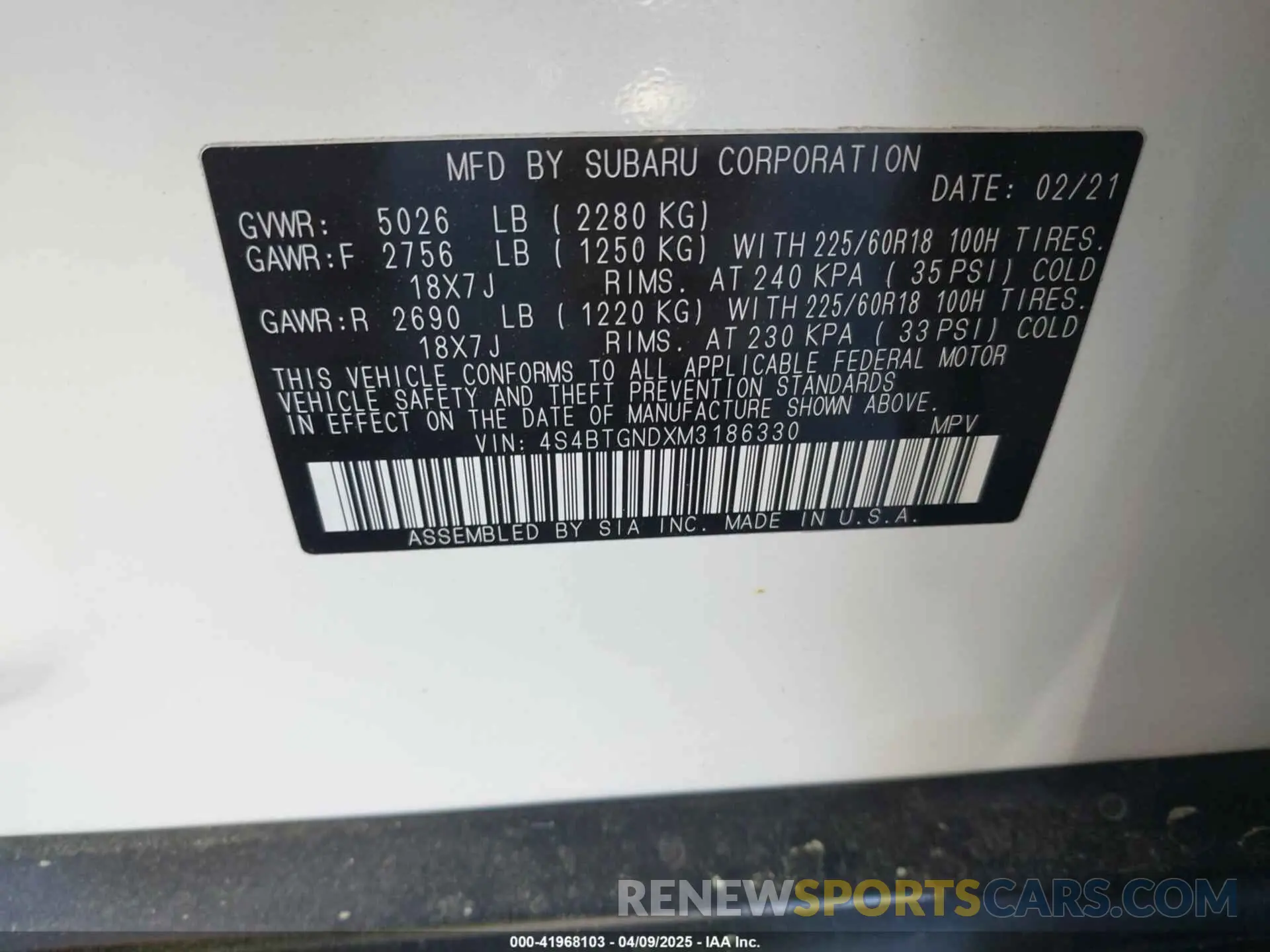 9 fotografías del automóvil dañado 4S4BTGNDXM3186330 SUBARU OUTBACK 2021