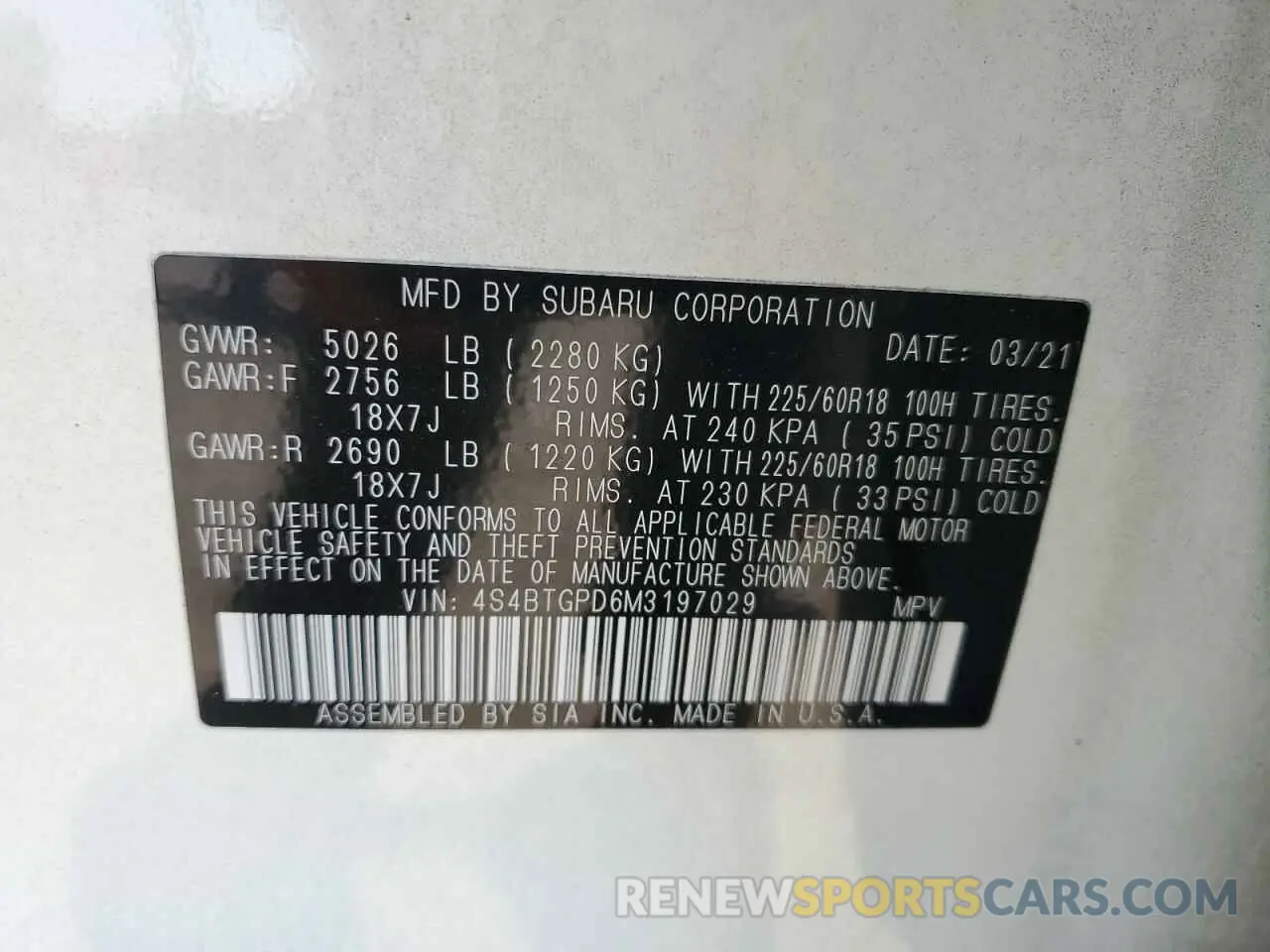 14 fotografías del automóvil dañado 4S4BTGPD6M3197029 SUBARU OUTBACK 2021