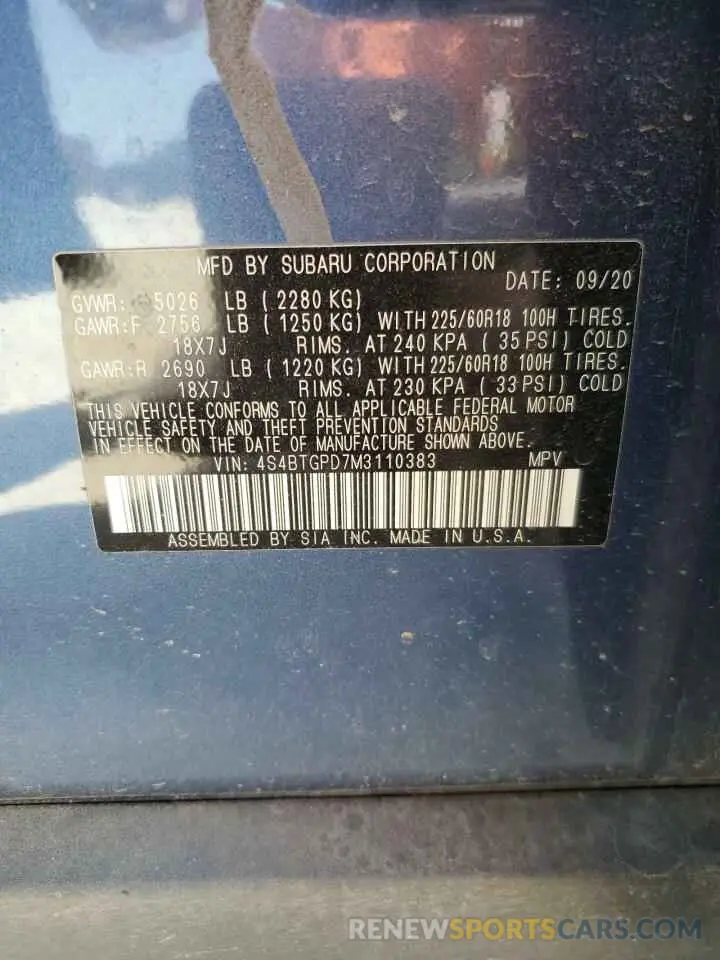 13 fotografías del automóvil dañado 4S4BTGPD7M3110383 SUBARU OUTBACK 2021