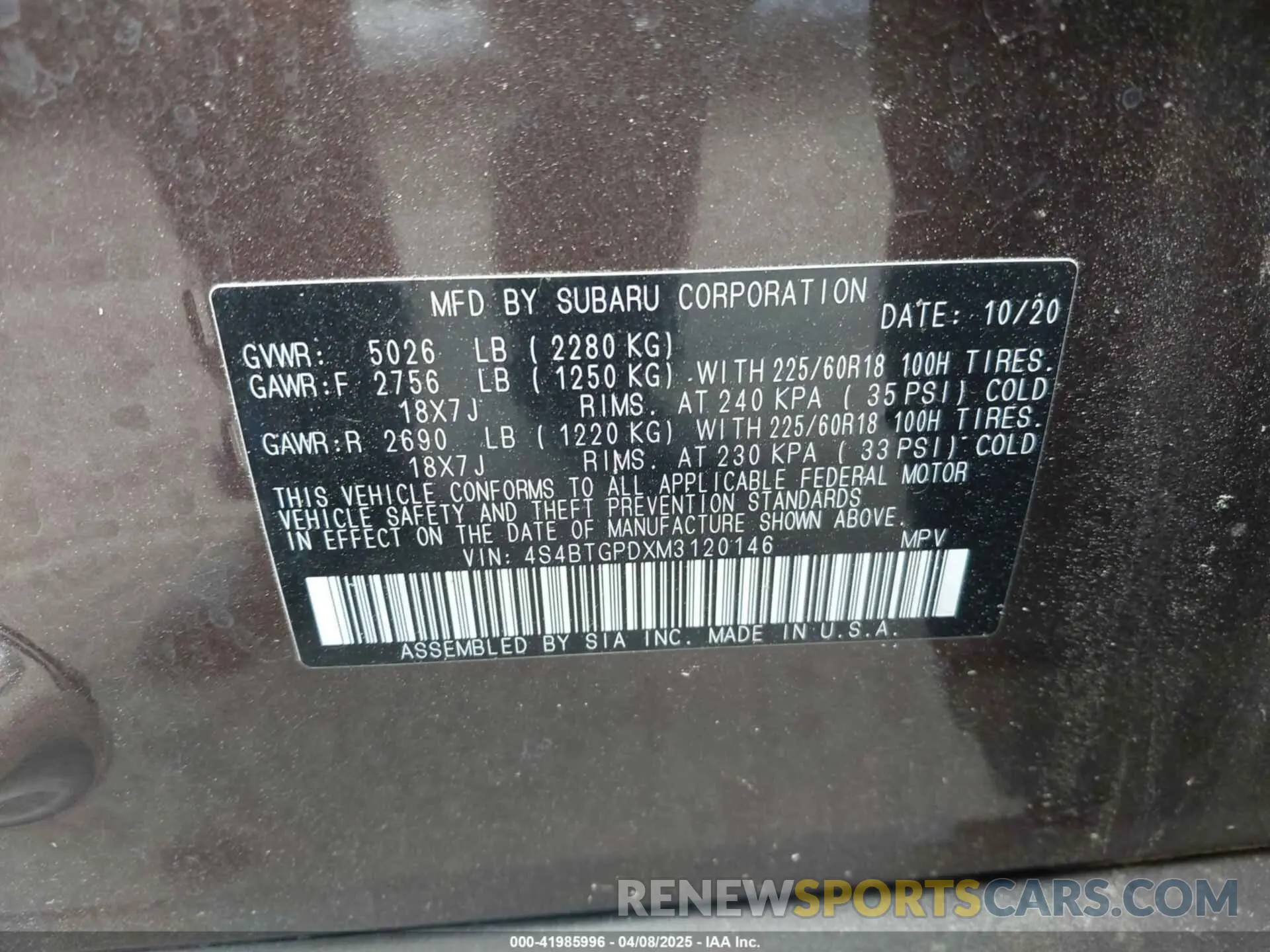 9 fotografías del automóvil dañado 4S4BTGPDXM3120146 SUBARU OUTBACK 2021