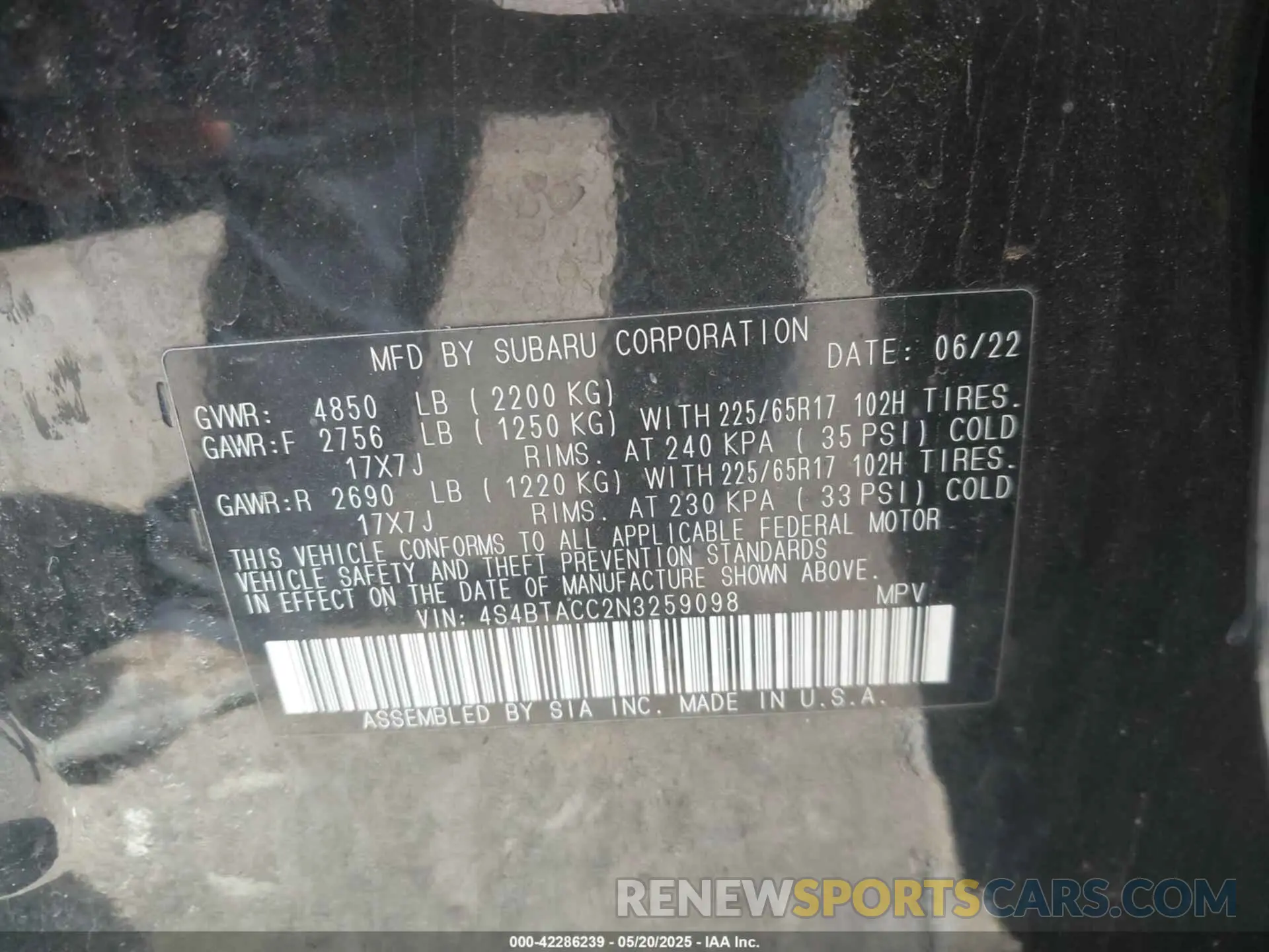 9 fotografías del automóvil dañado 4S4BTACC2N3259098 SUBARU OUTBACK 2022